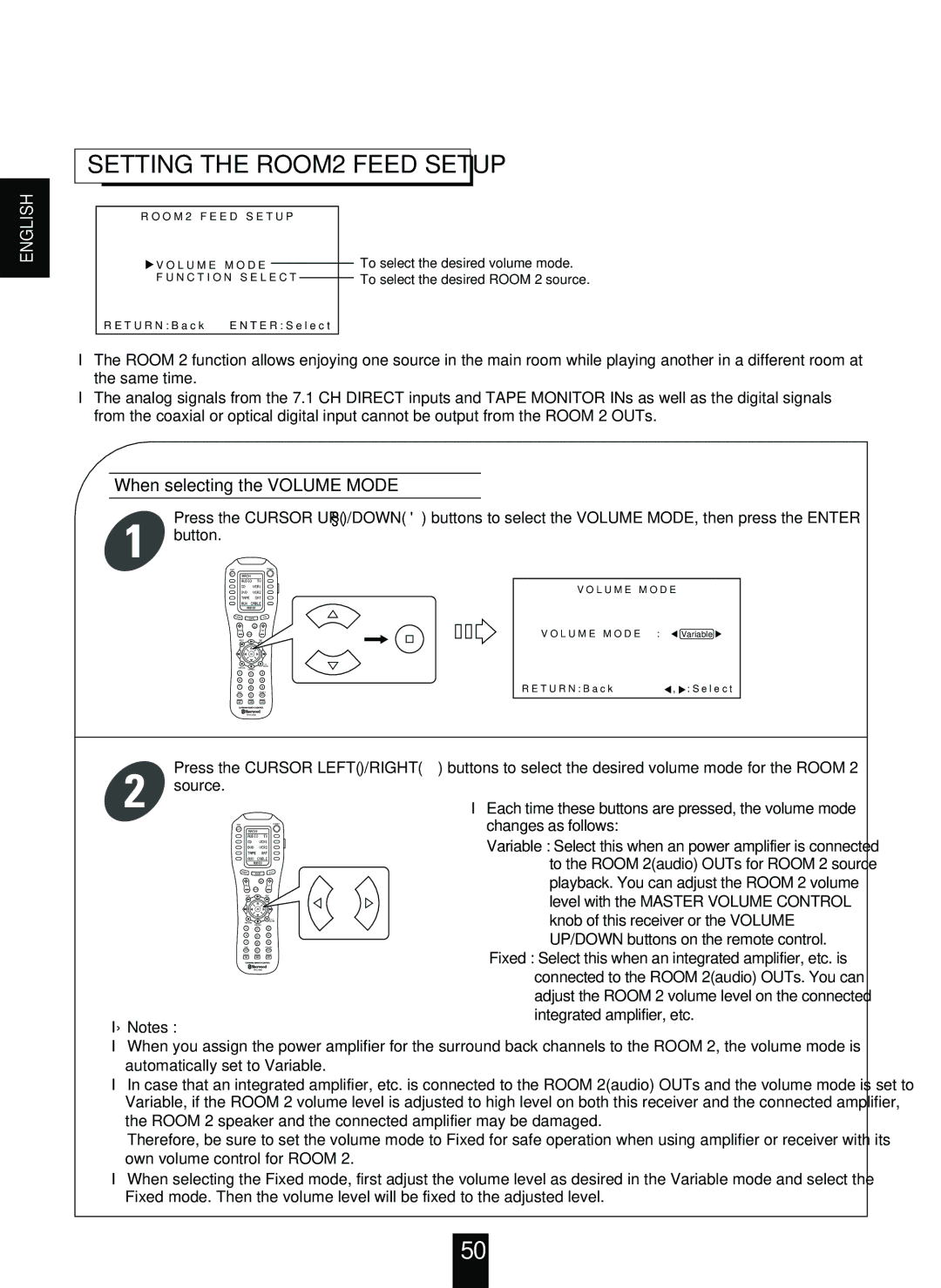 Sherwood R-963 manual Setting the ROOM2 Feed Setup, When selecting the Volume Mode 