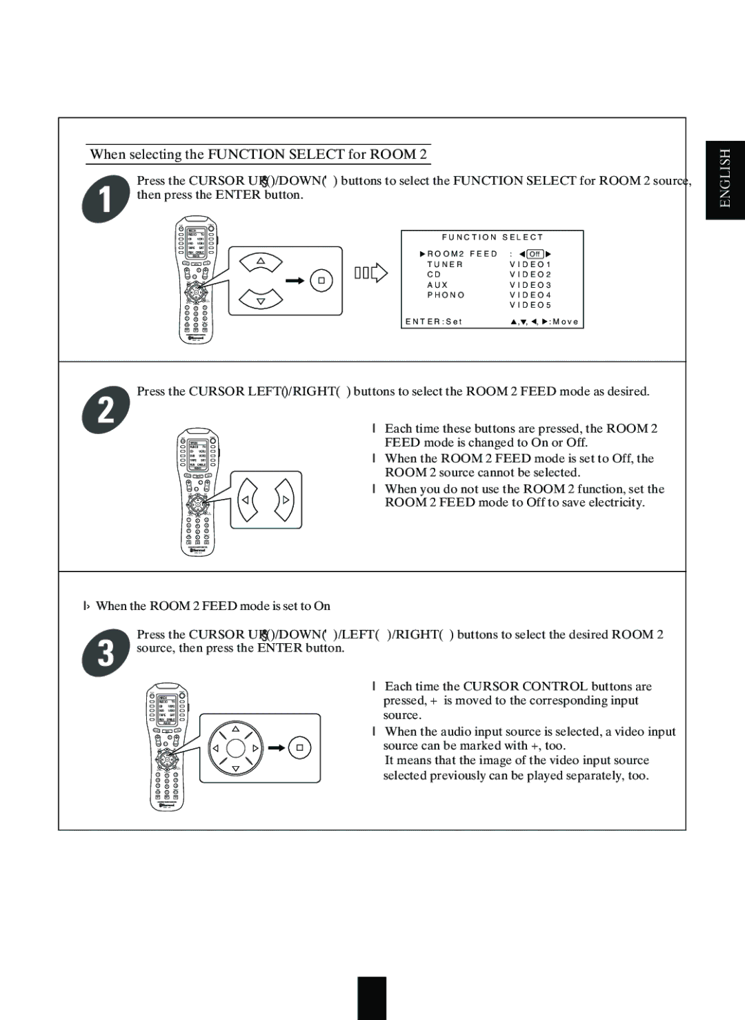 Sherwood R-963 manual When selecting the Function Select for Room, Press the Cursor UP /DOWN Then press the Enter button 