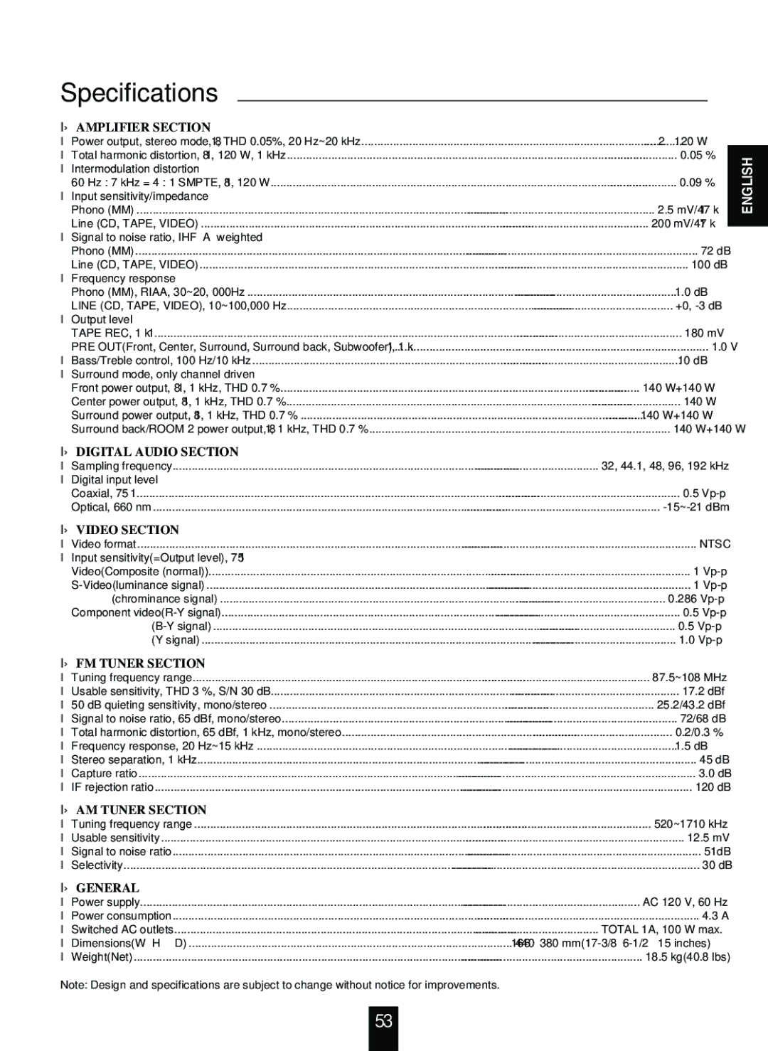 Sherwood R-963 manual Specifications, Amplifier Section 