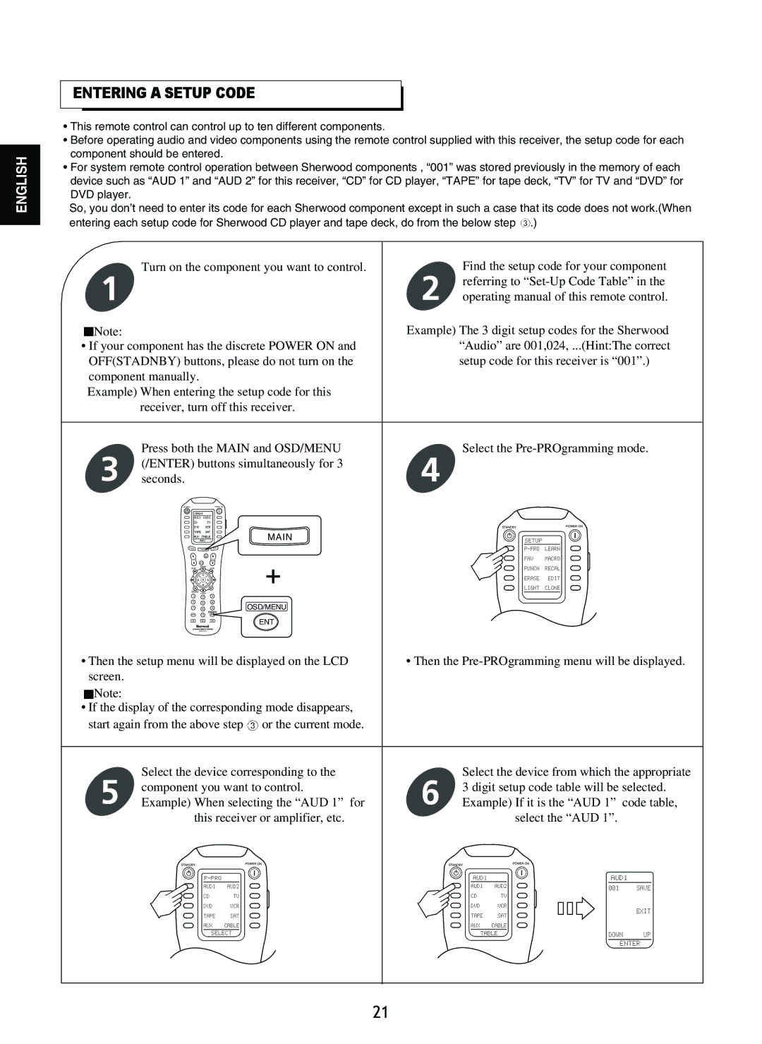 Sherwood R-965 manual Entering a Setup Code 