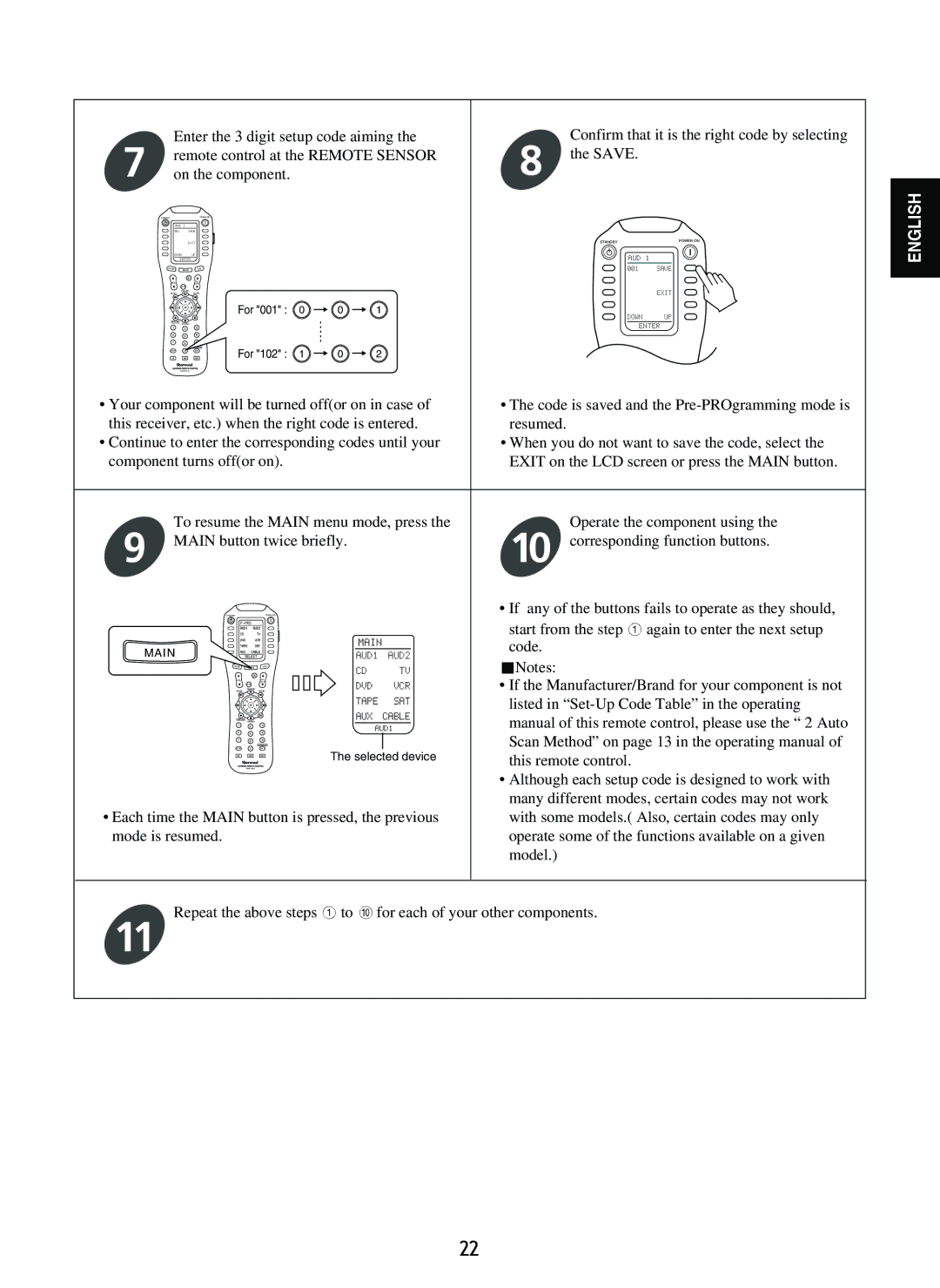 Sherwood R-965 manual Enter the 3 digit setup code aiming 