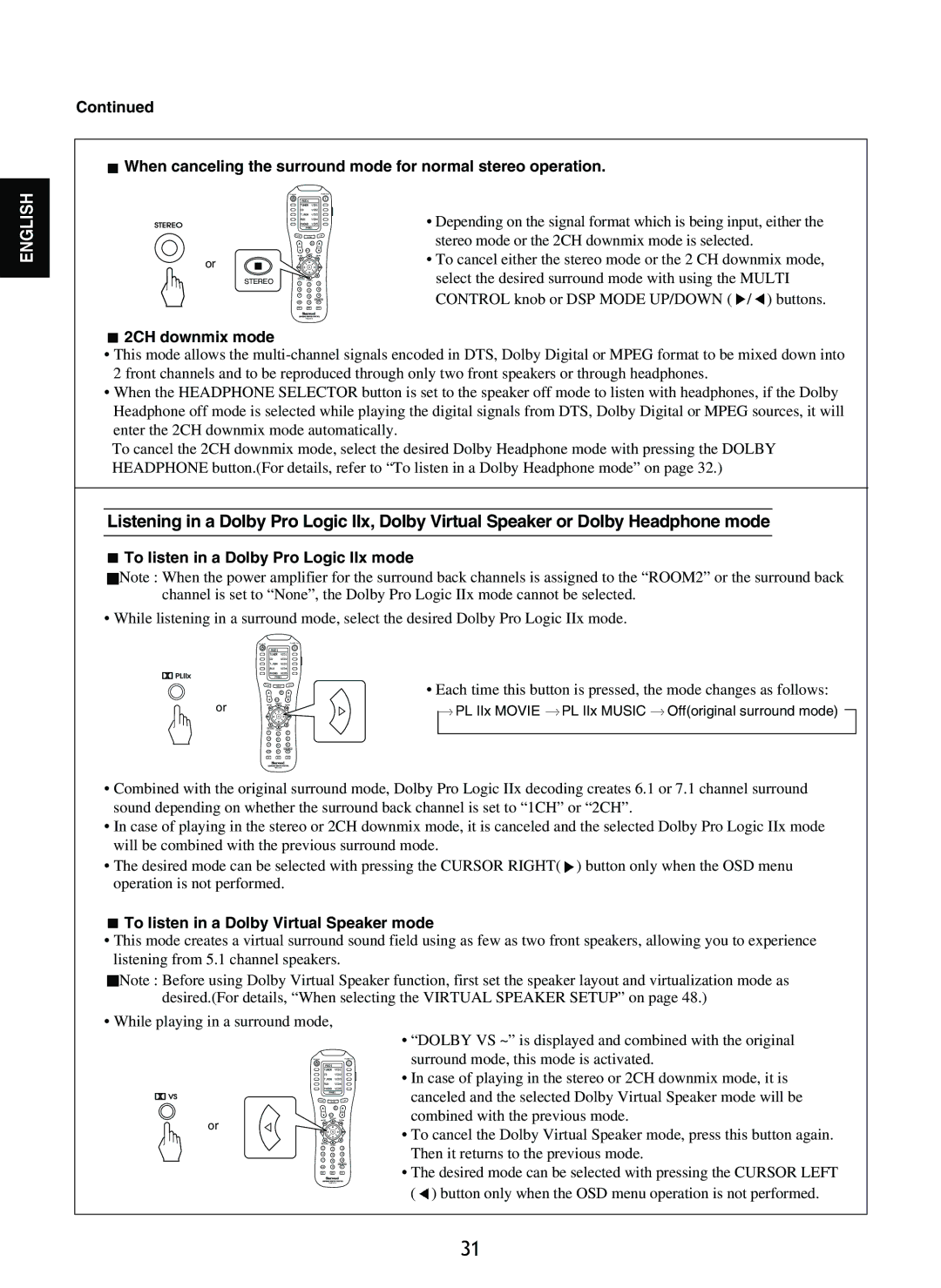 Sherwood R-965 manual 2CH downmix mode, To listen in a Dolby Pro Logic IIx mode, To listen in a Dolby Virtual Speaker mode 