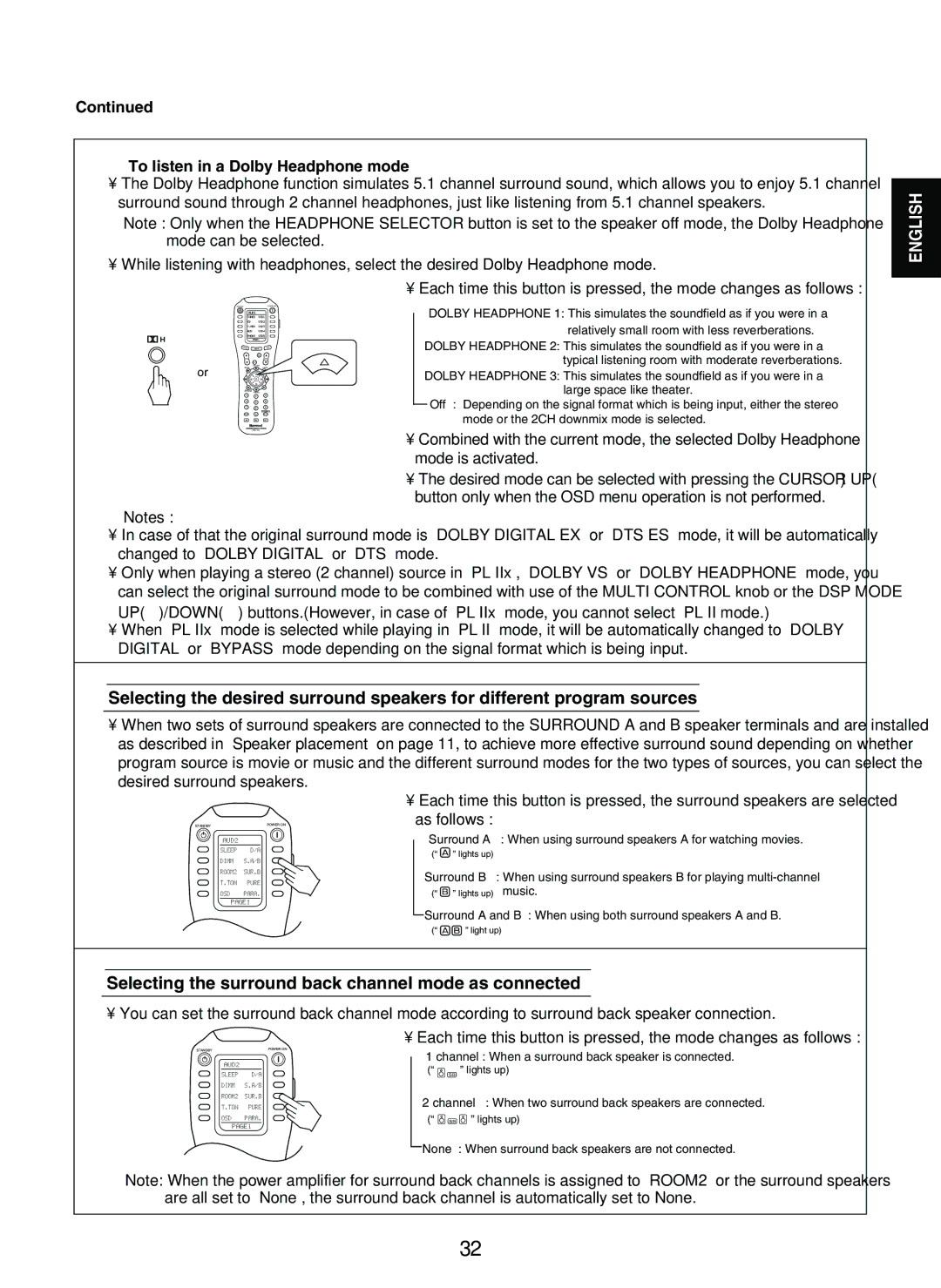 Sherwood R-965 manual Selecting the surround back channel mode as connected, To listen in a Dolby Headphone mode 