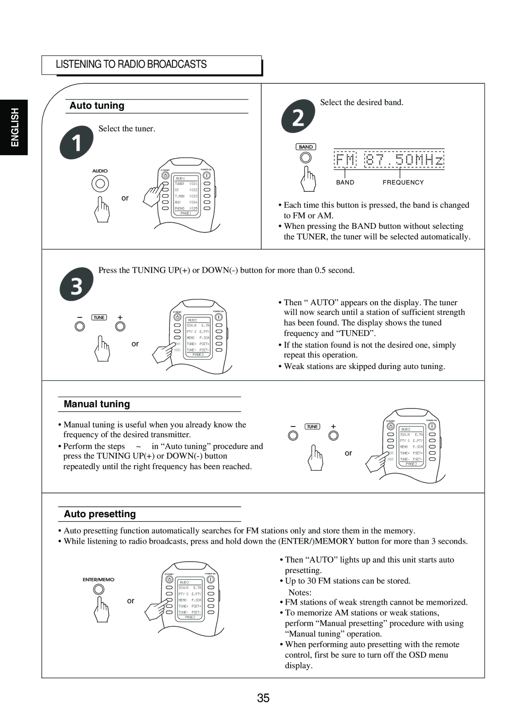 Sherwood R-965 manual Auto tuning, Manual tuning, Auto presetting 