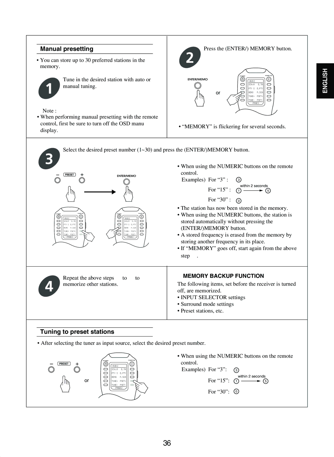 Sherwood R-965 manual Manual presetting, Tuning to preset stations 