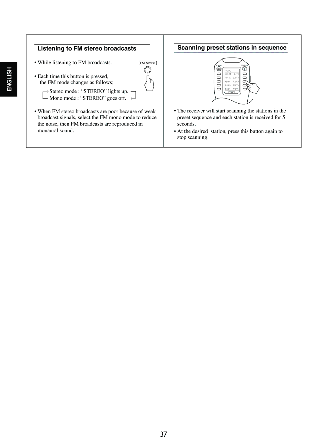 Sherwood R-965 manual Listening to FM stereo broadcasts, Scanning preset stations in sequence 