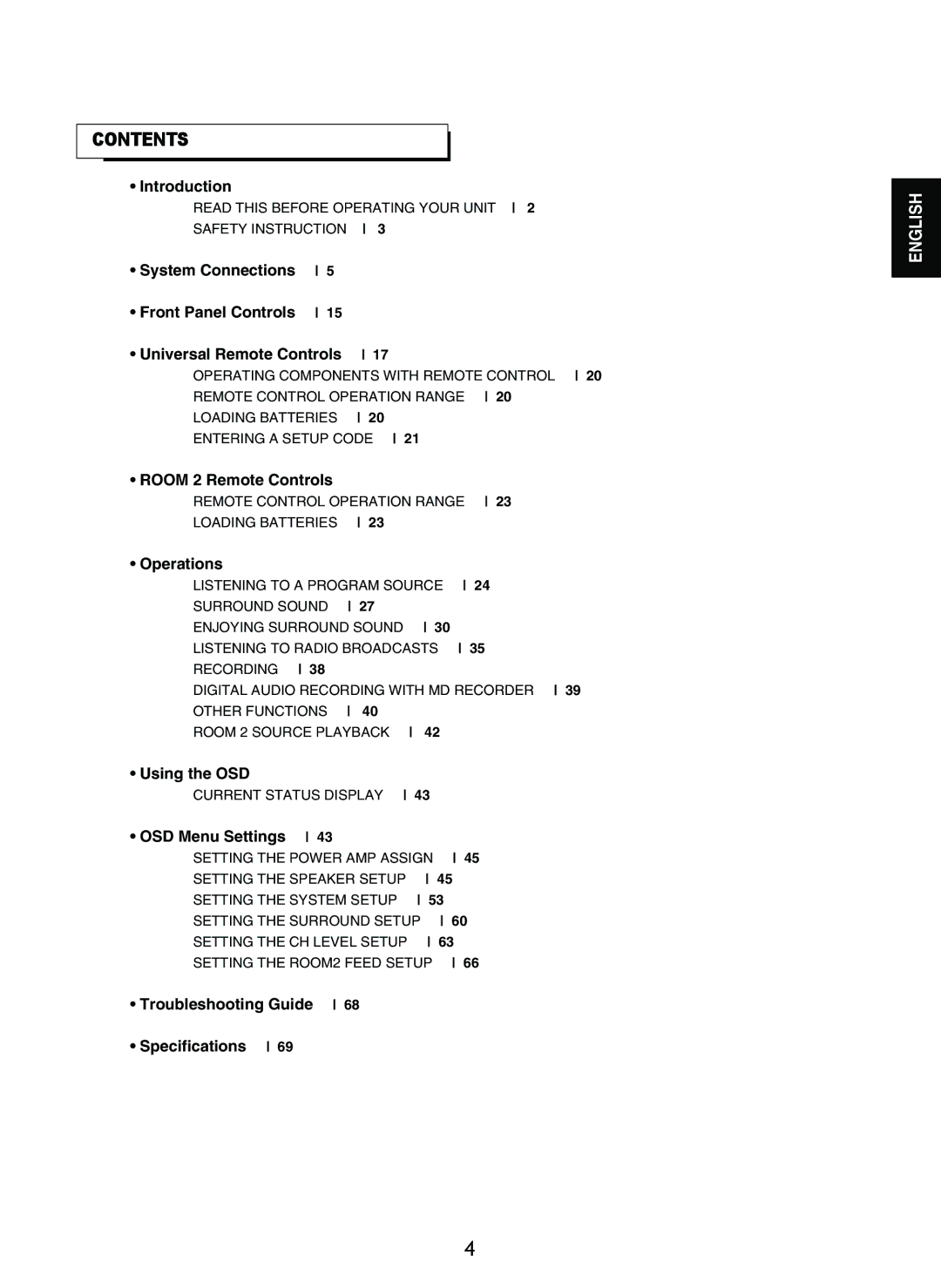 Sherwood R-965 manual Contents 