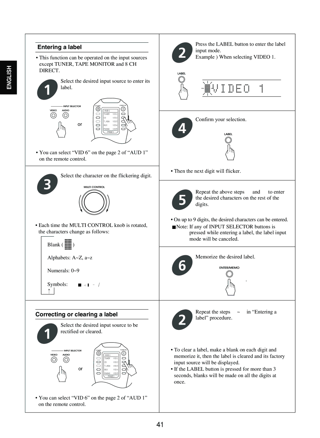 Sherwood R-965 manual Entering a label, Correcting or clearing a label 