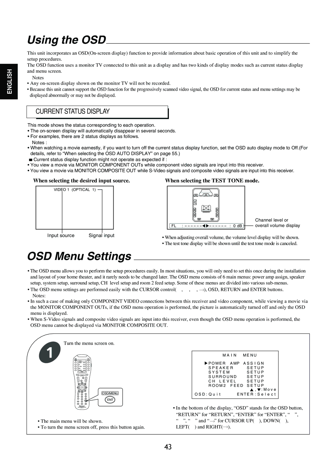 Sherwood R-965 manual Using the OSD, OSD Menu Settings, Current Status Display 