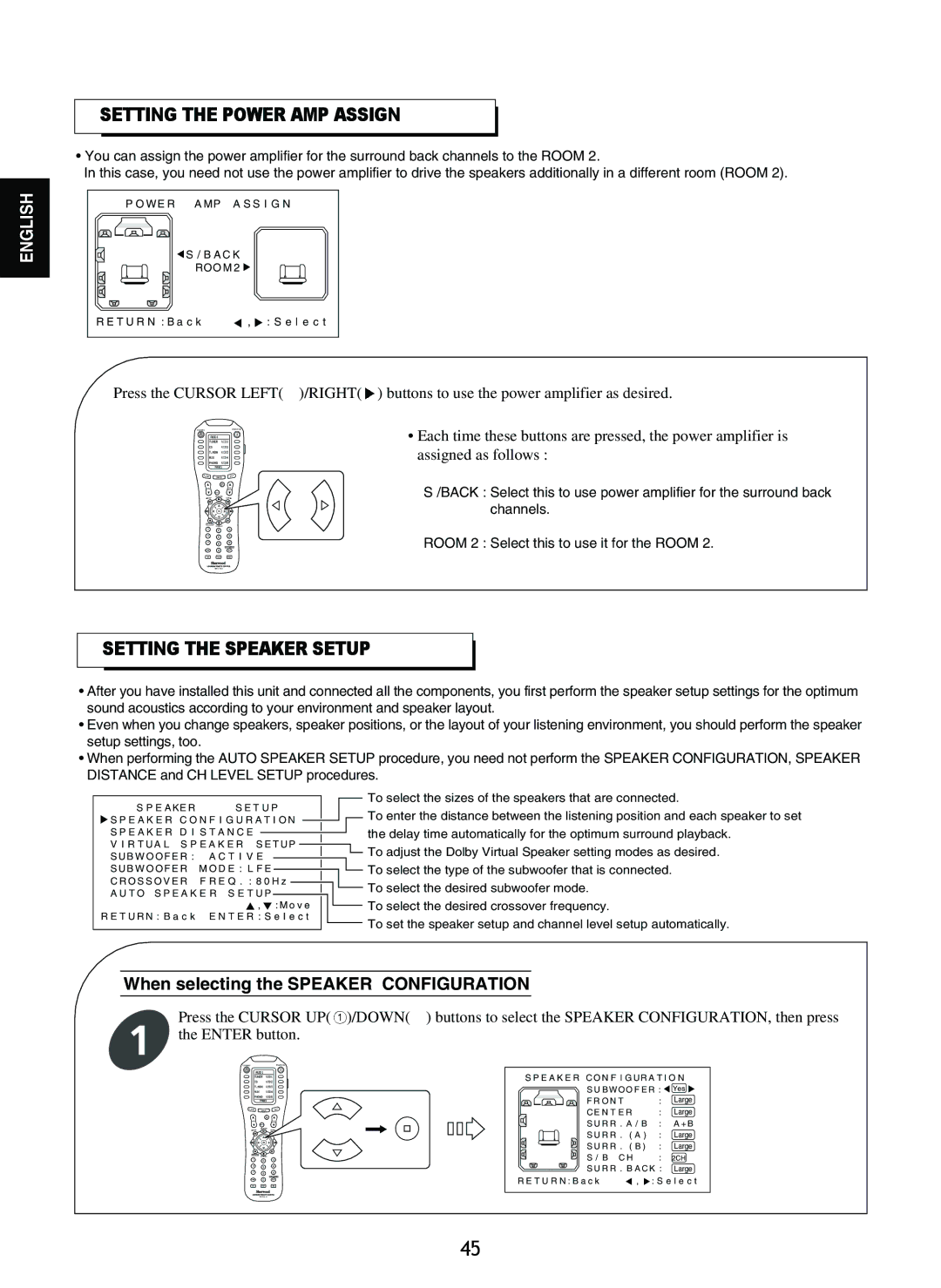 Sherwood R-965 manual Setting the Power AMP Assign, Setting the Speaker Setup, When selecting the Speaker Configuration 