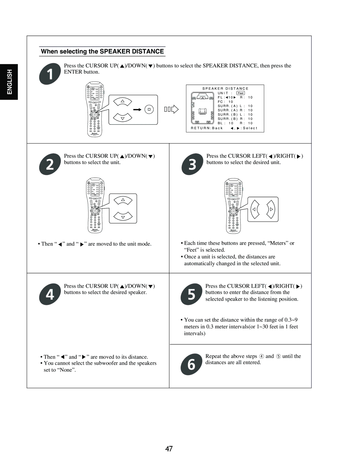 Sherwood R-965 manual When selecting the Speaker Distance 