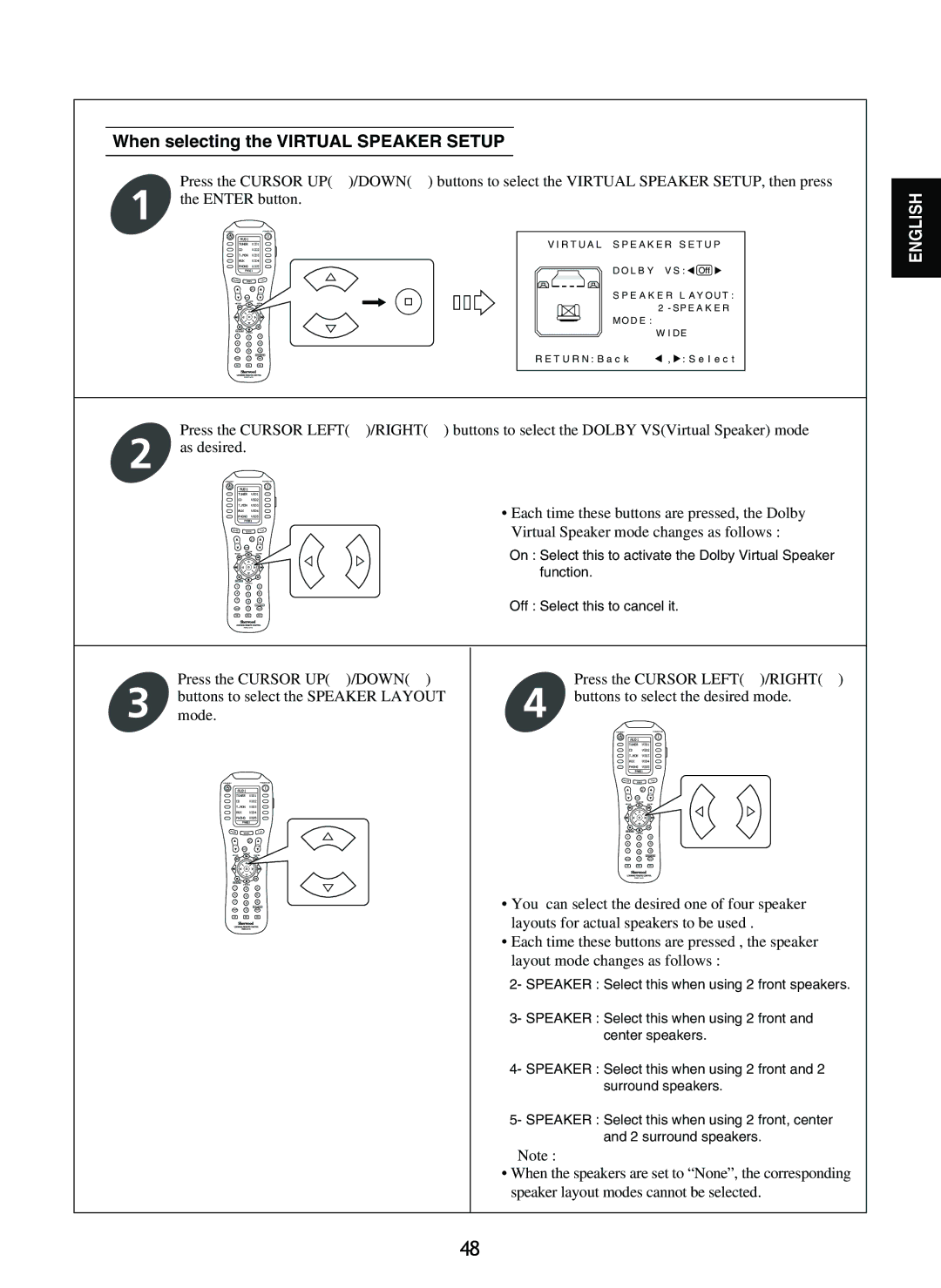 Sherwood R-965 manual When selecting the Virtual Speaker Setup, Virtual Speaker mode changes as follows 