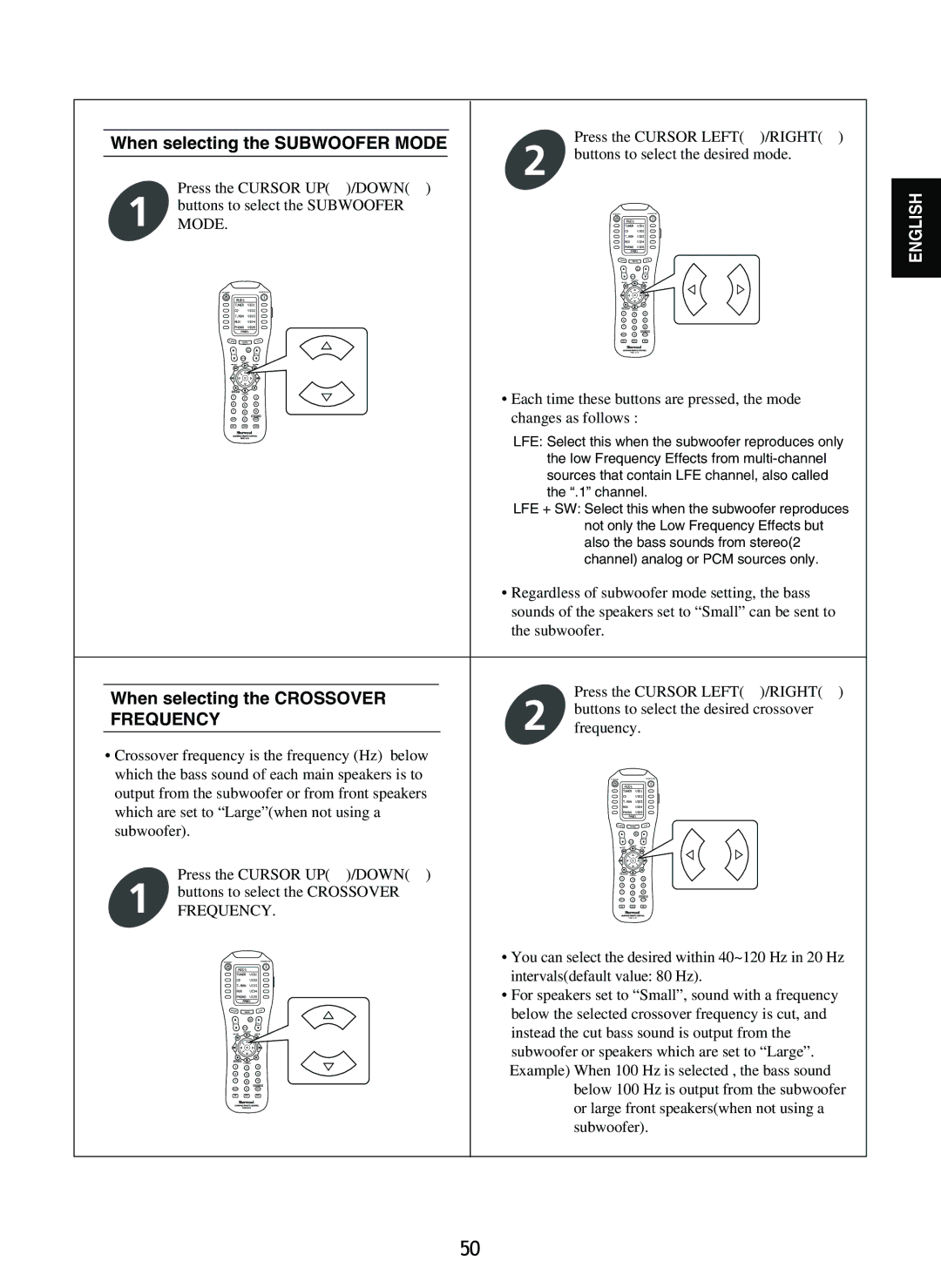 Sherwood R-965 manual When selecting the Subwoofer Mode, When selecting the Crossover Frequency 