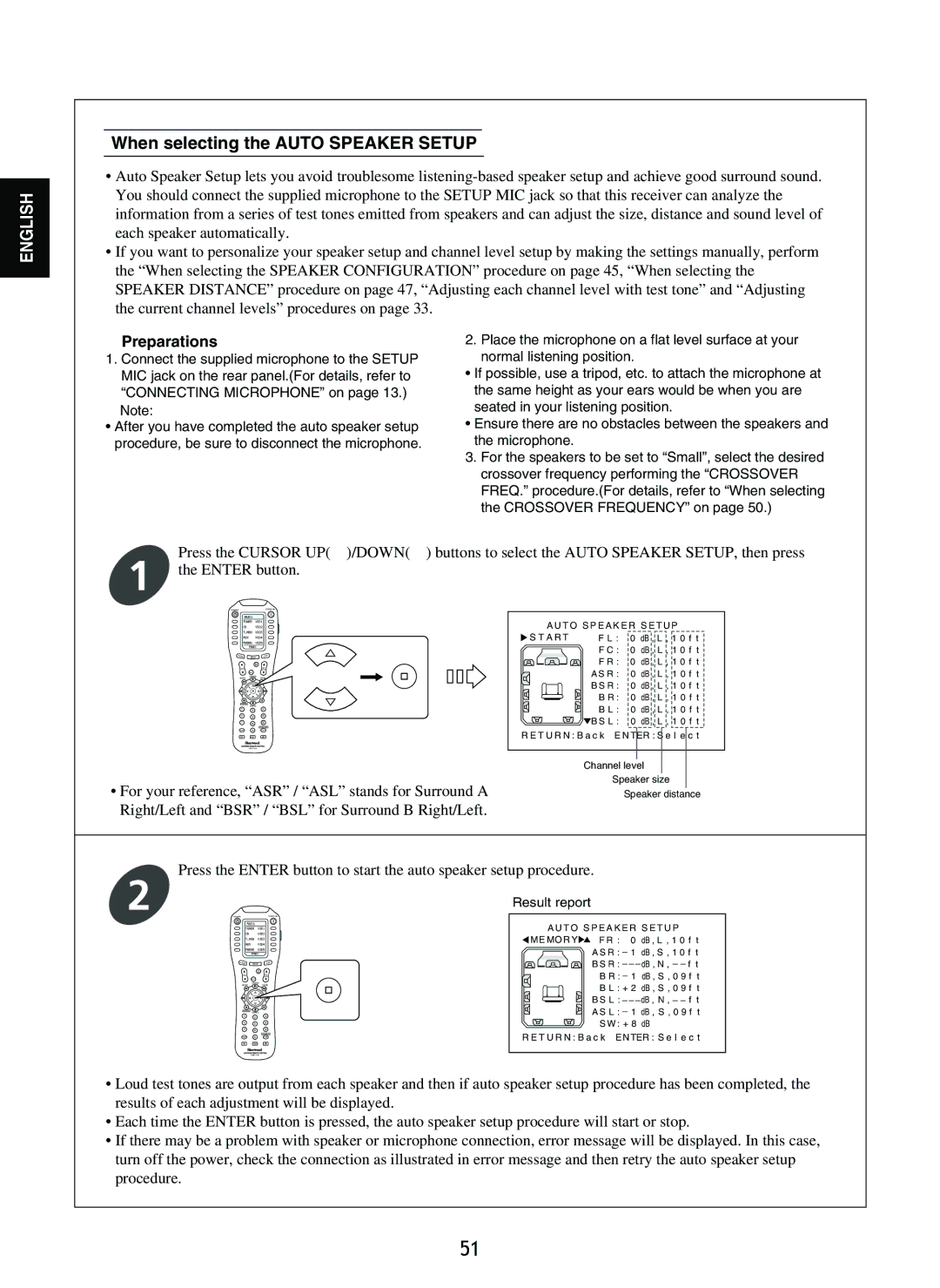 Sherwood R-965 manual When selecting the Auto Speaker Setup, Preparations 