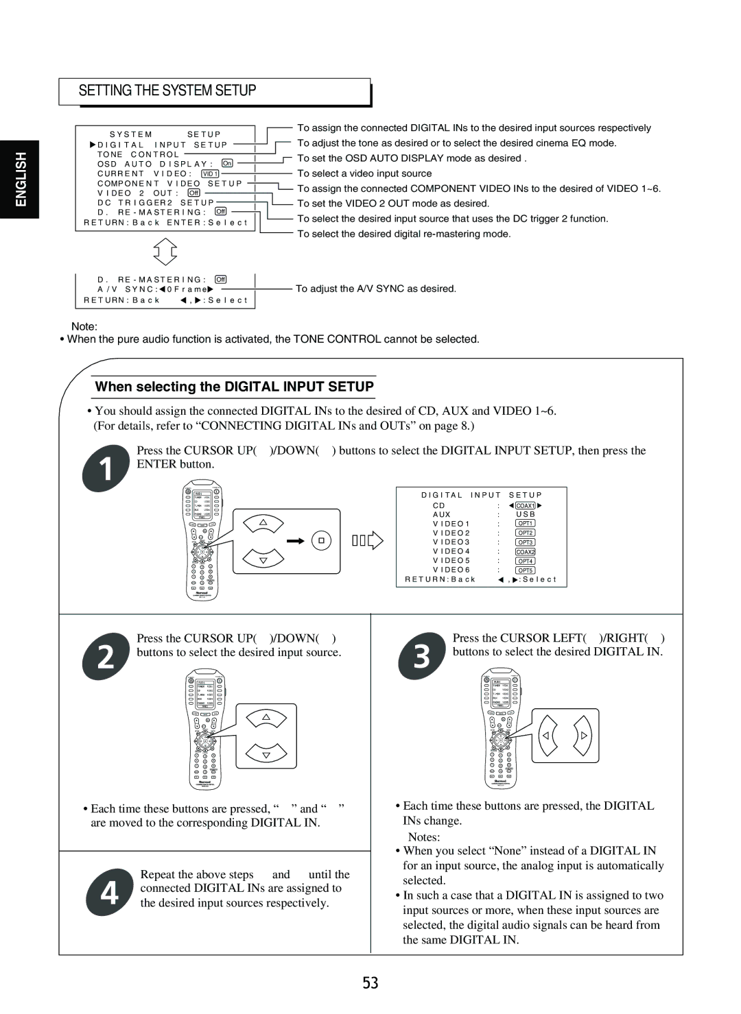 Sherwood R-965 manual Setting the System Setup, When selecting the Digital Input Setup 