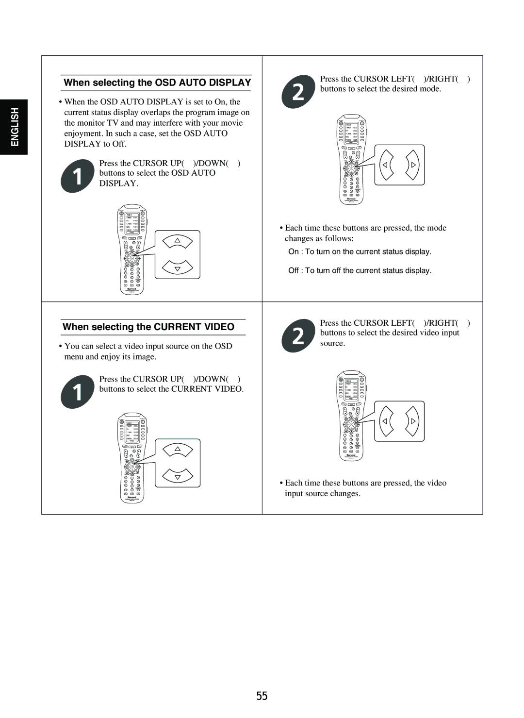Sherwood R-965 manual When selecting the OSD Auto Display, When selecting the Current Video 