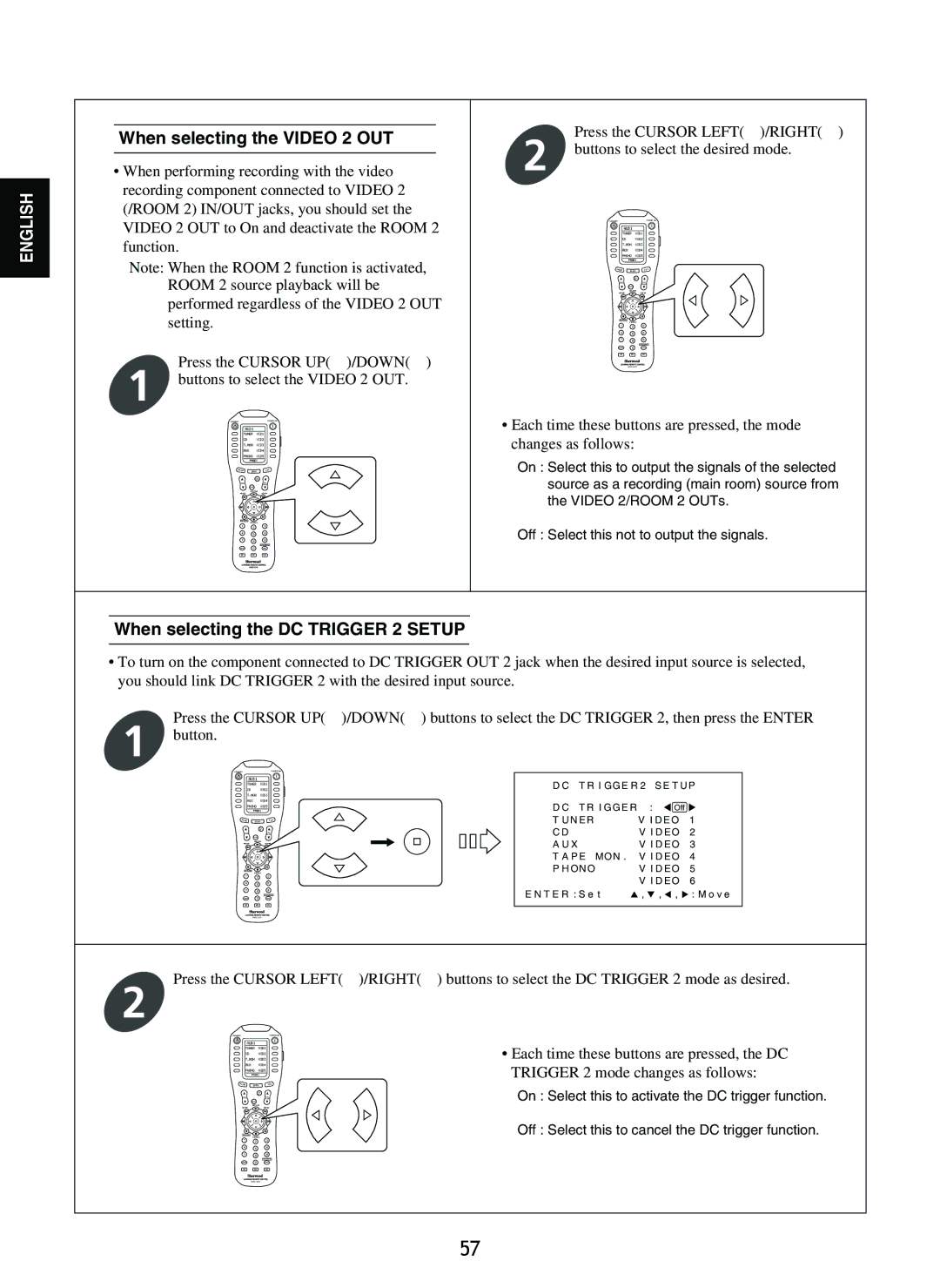 Sherwood R-965 manual When selecting the Video 2 OUT, When selecting the DC Trigger 2 Setup 