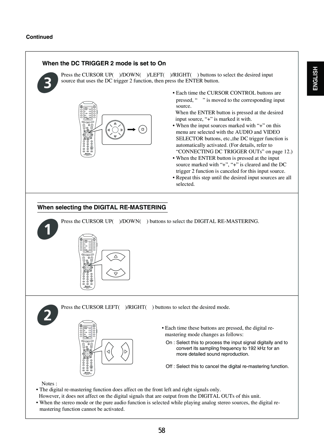 Sherwood R-965 manual When the DC Trigger 2 mode is set to On, When selecting the Digital RE-MASTERING 