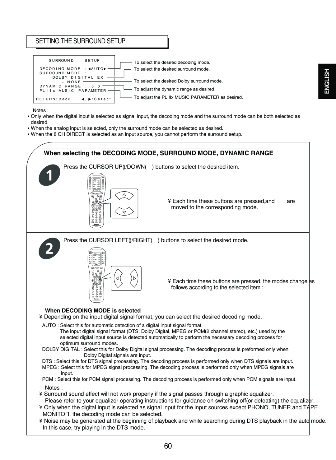 Sherwood R-965 manual Setting the Surround Setup, When Decoding Mode is selected 