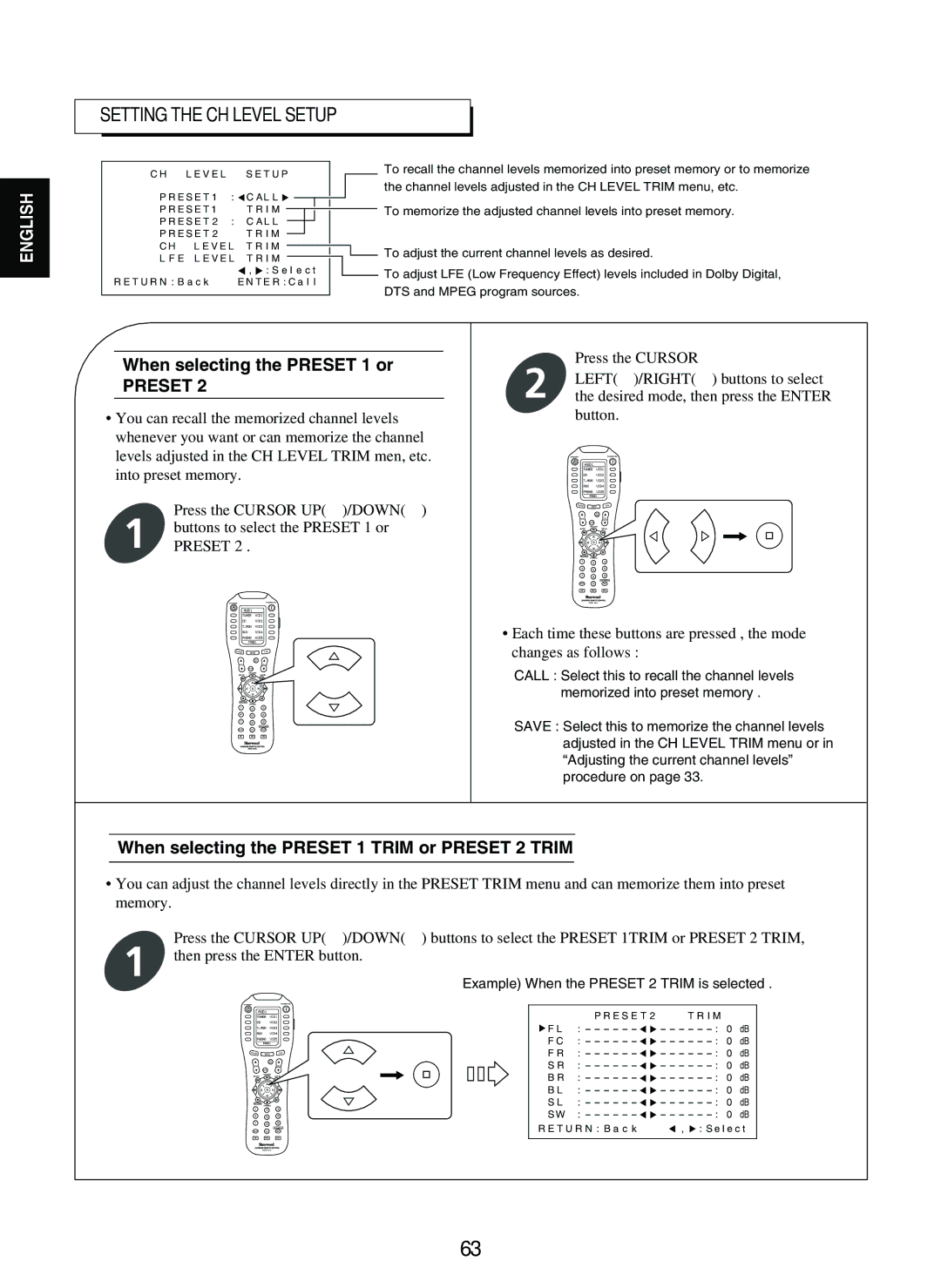 Sherwood R-965 manual Setting the CH Level Setup, When selecting the Preset 1 or 