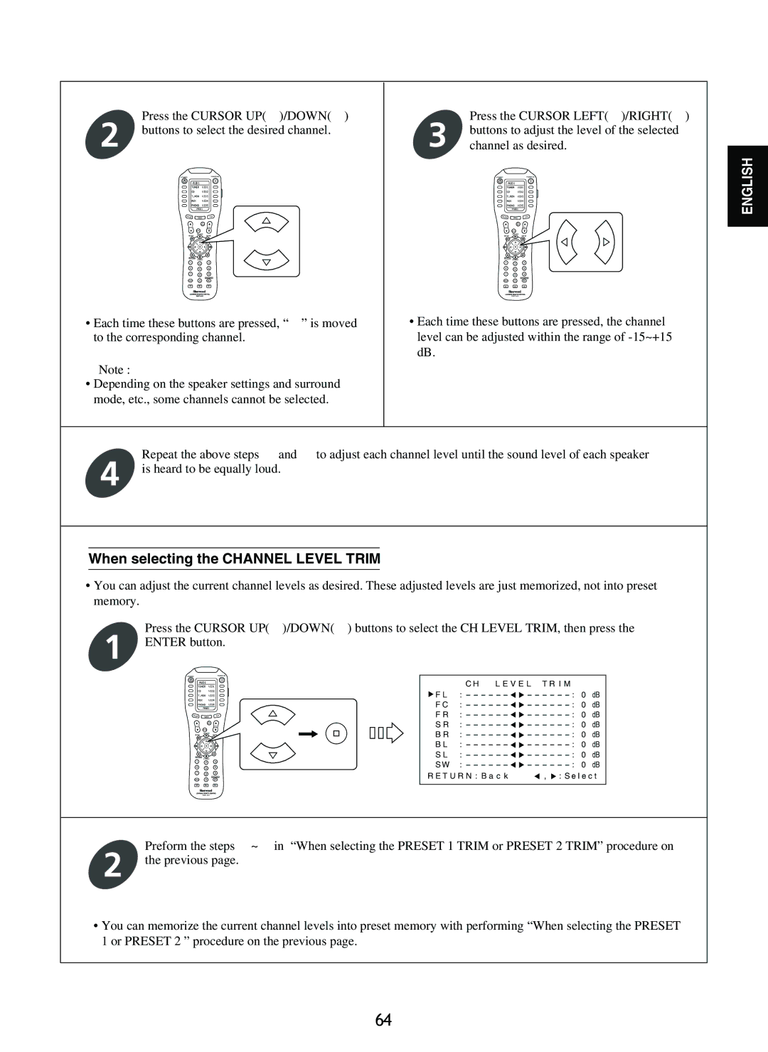 Sherwood R-965 manual When selecting the Channel Level Trim 