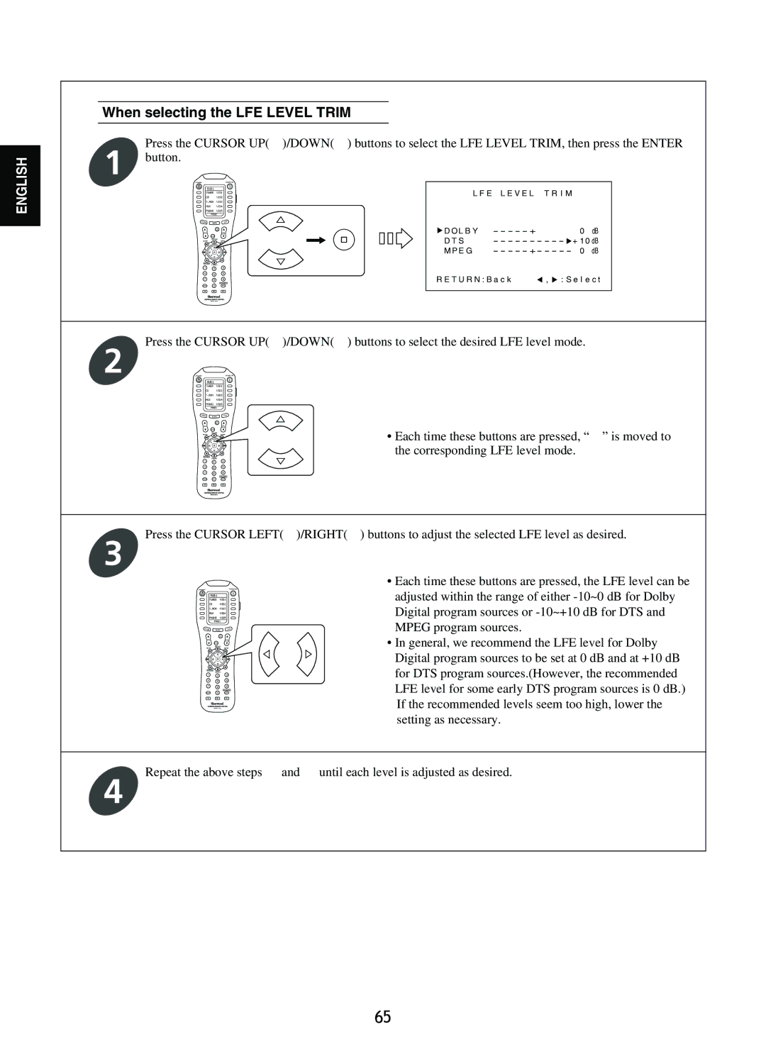 Sherwood R-965 manual When selecting the LFE Level Trim 