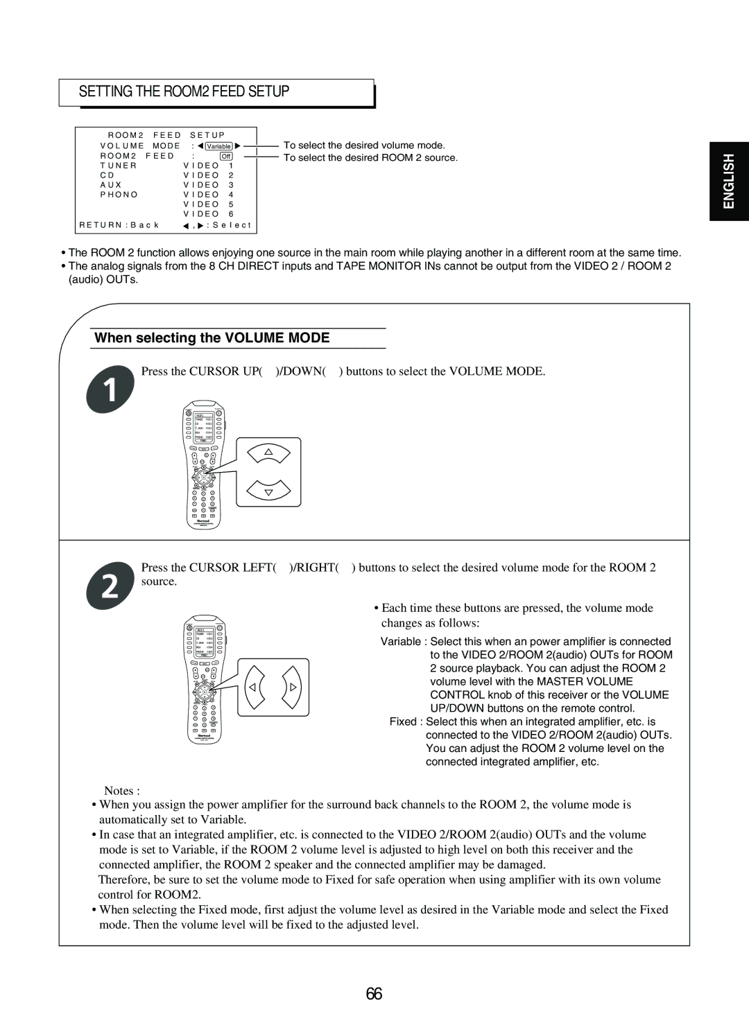 Sherwood R-965 manual Setting the ROOM2 Feed Setup, When selecting the Volume Mode 