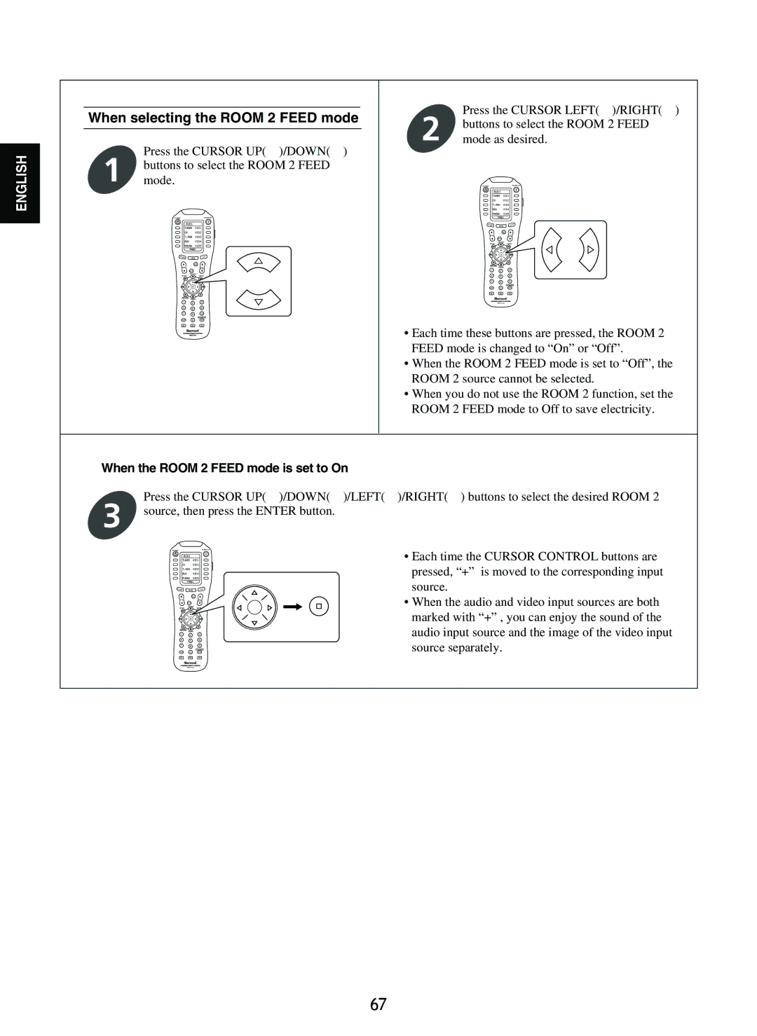 Sherwood R-965 manual When selecting the Room 2 Feed mode, When the Room 2 Feed mode is set to On 