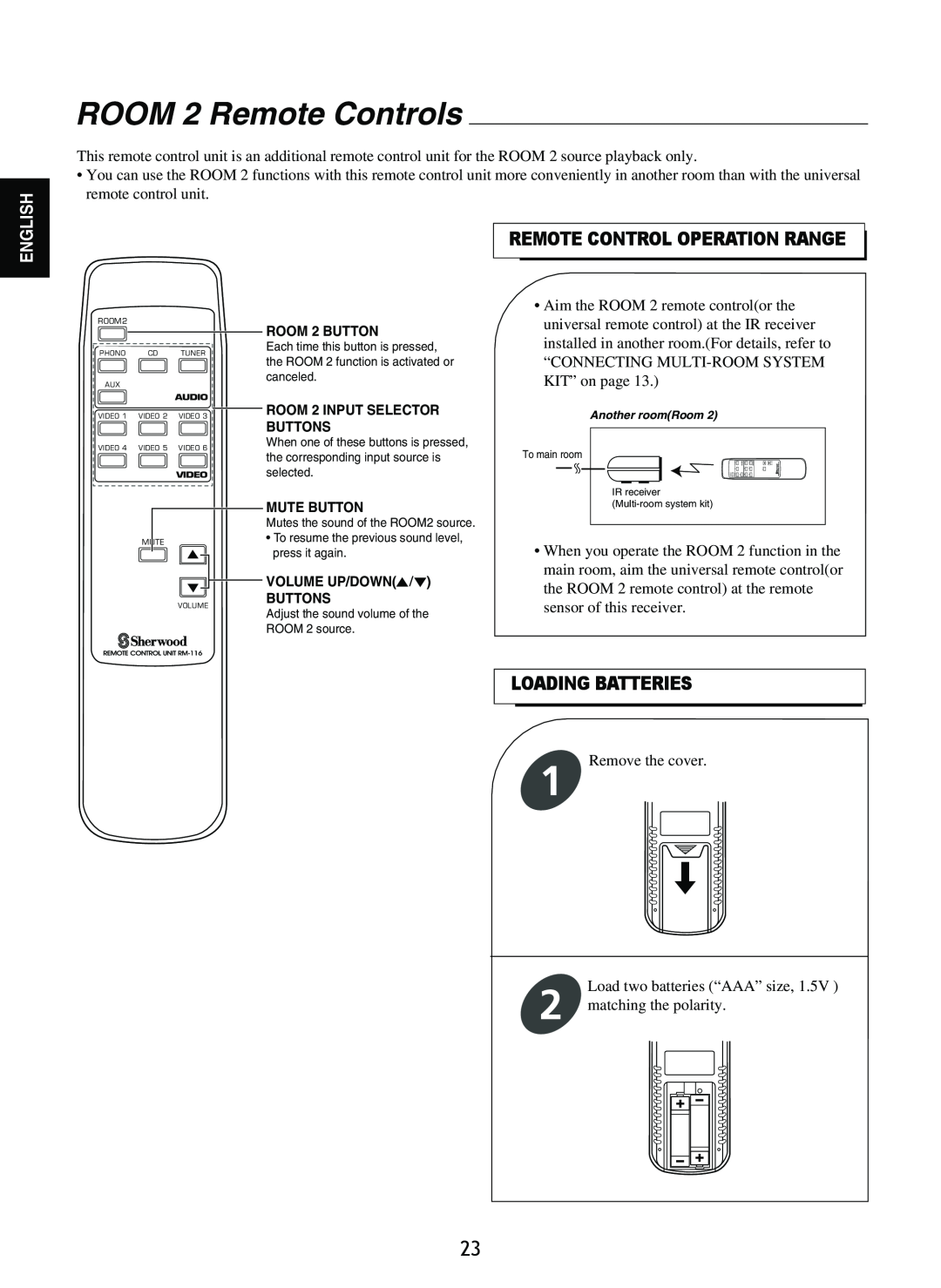 Sherwood R-965 manual ROOM 2 Remote Controls, Remote Control Operation Range, Loading Batteries, English 