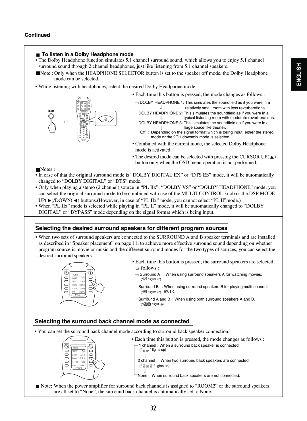 Sherwood R-965 manual Continued To listen in a Dolby Headphone mode 