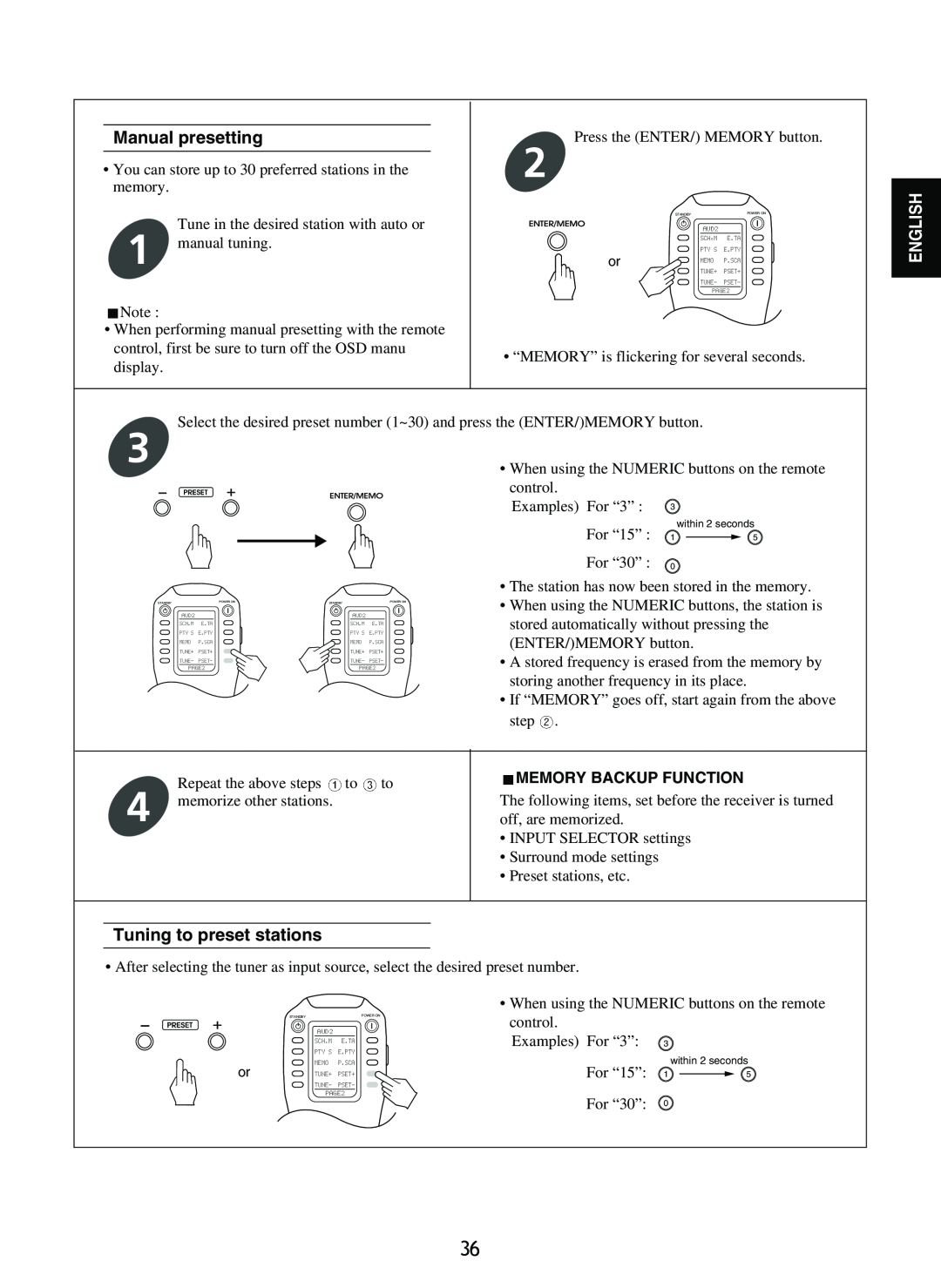Sherwood R-965 manual Manual presetting, Tuning to preset stations, Memory Backup Function, English 