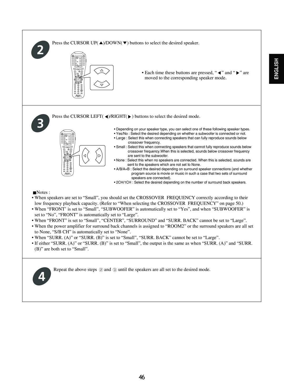 Sherwood R-965 manual moved to the corresponding speaker mode, English 