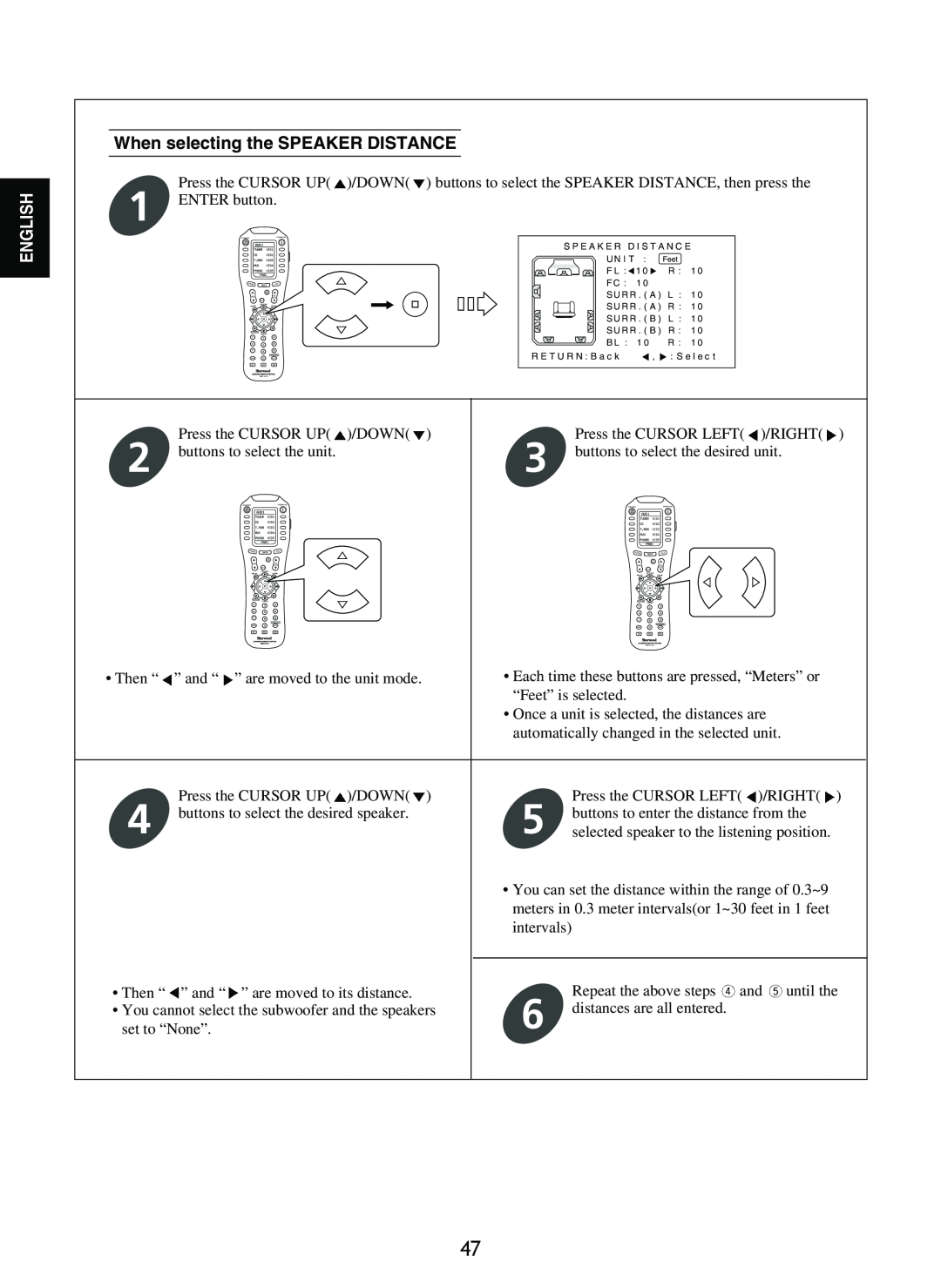 Sherwood R-965 manual When selecting the SPEAKER DISTANCE, English 