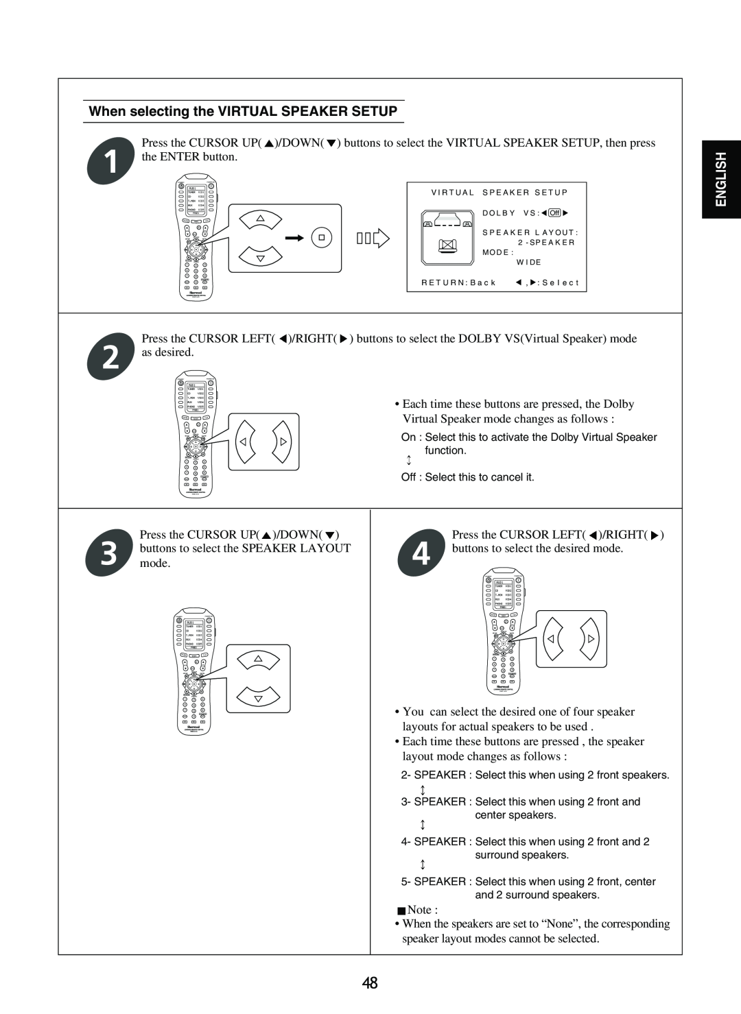 Sherwood R-965 manual When selecting the VIRTUAL SPEAKER SETUP, English 