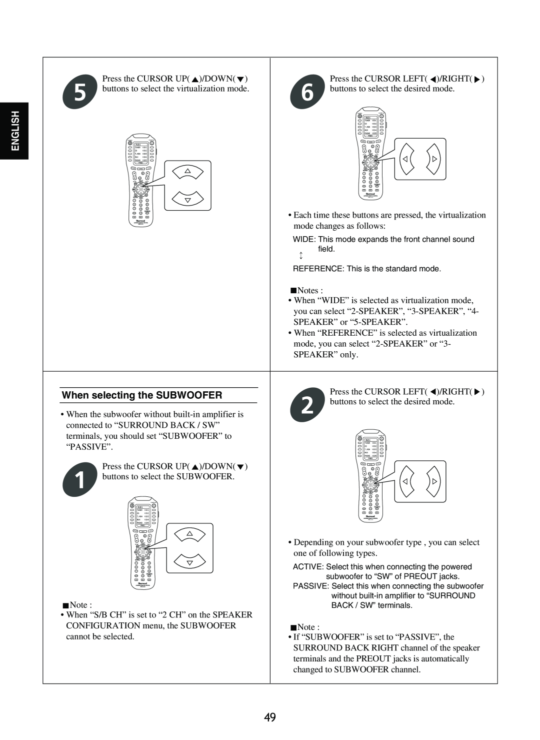 Sherwood R-965 manual When selecting the SUBWOOFER, English 