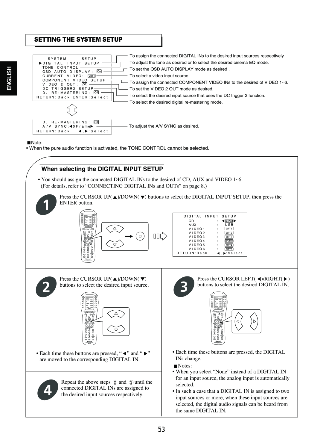 Sherwood R-965 manual Setting The System Setup, When selecting the DIGITAL INPUT SETUP, English 