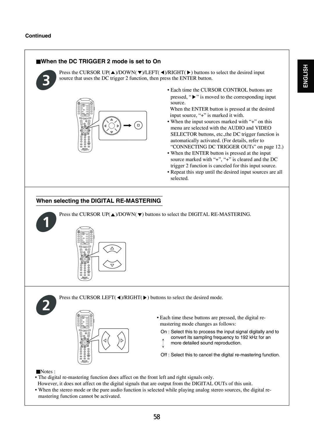 Sherwood R-965 manual When the DC TRIGGER 2 mode is set to On, When selecting the DIGITAL RE-MASTERING, Continued, English 