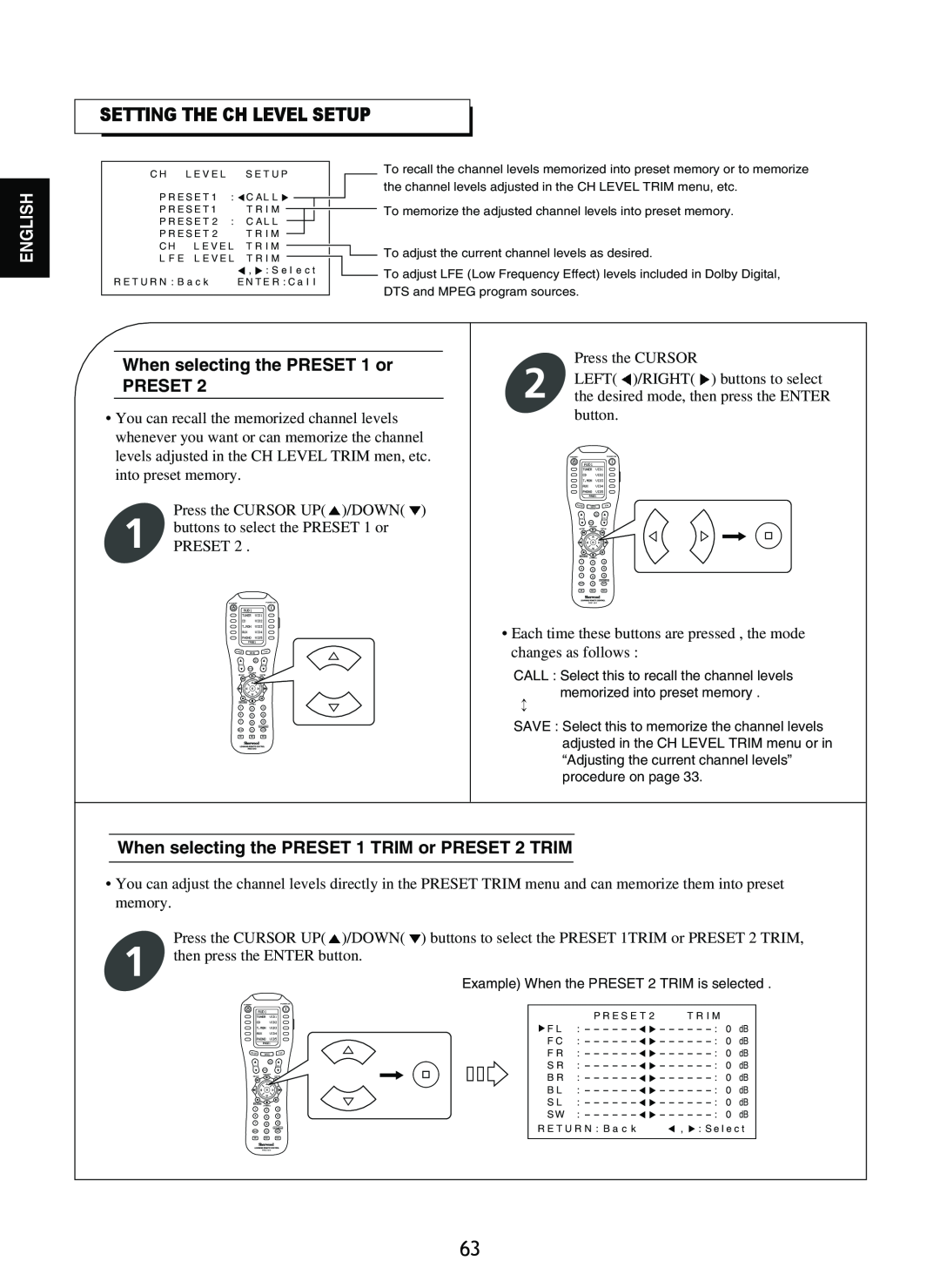 Sherwood R-965 manual Setting The Ch Level Setup, When selecting the PRESET 1 or PRESET, English 