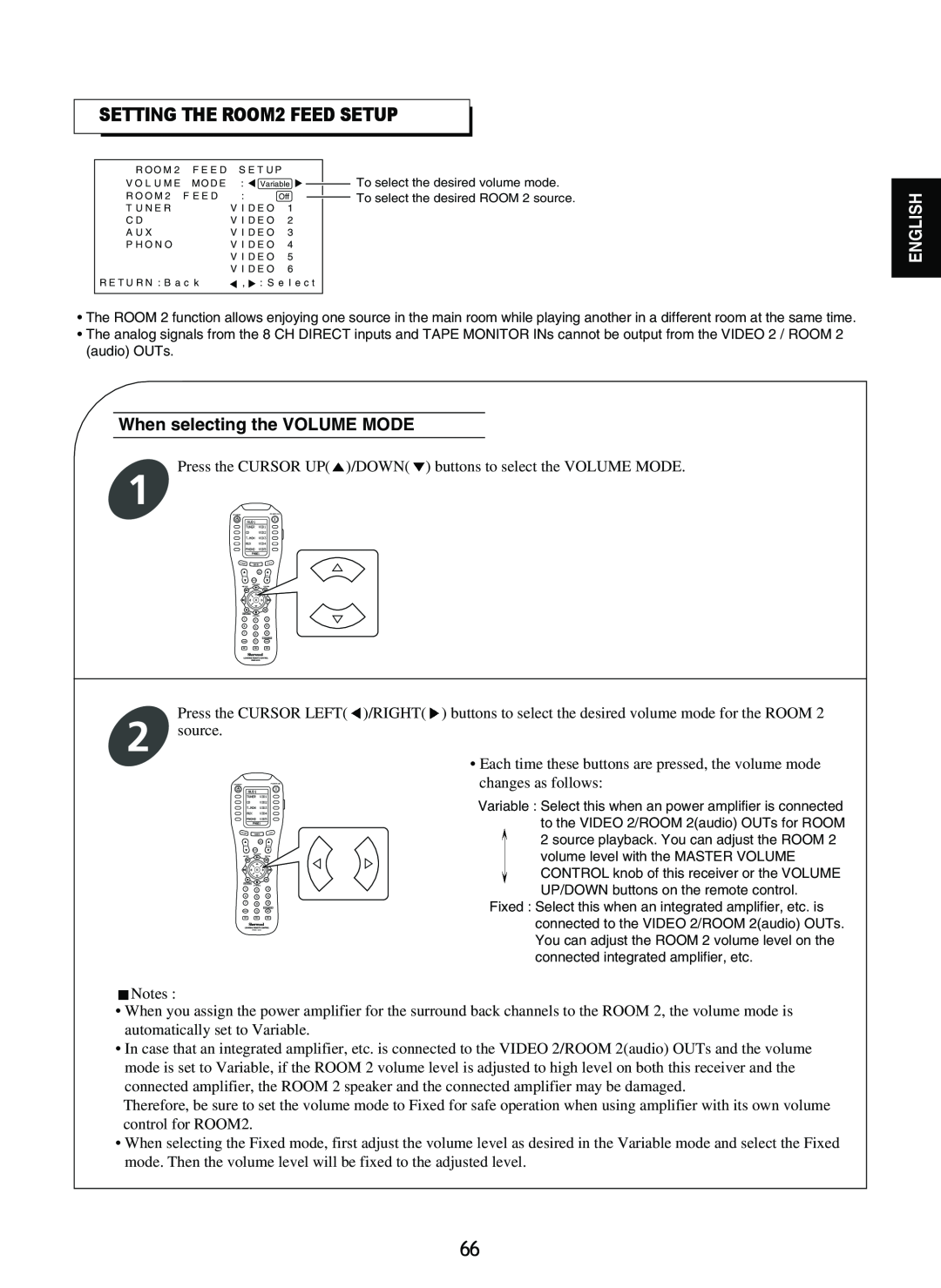 Sherwood R-965 manual SETTING THE ROOM2 FEED SETUP, When selecting the VOLUME MODE, English 