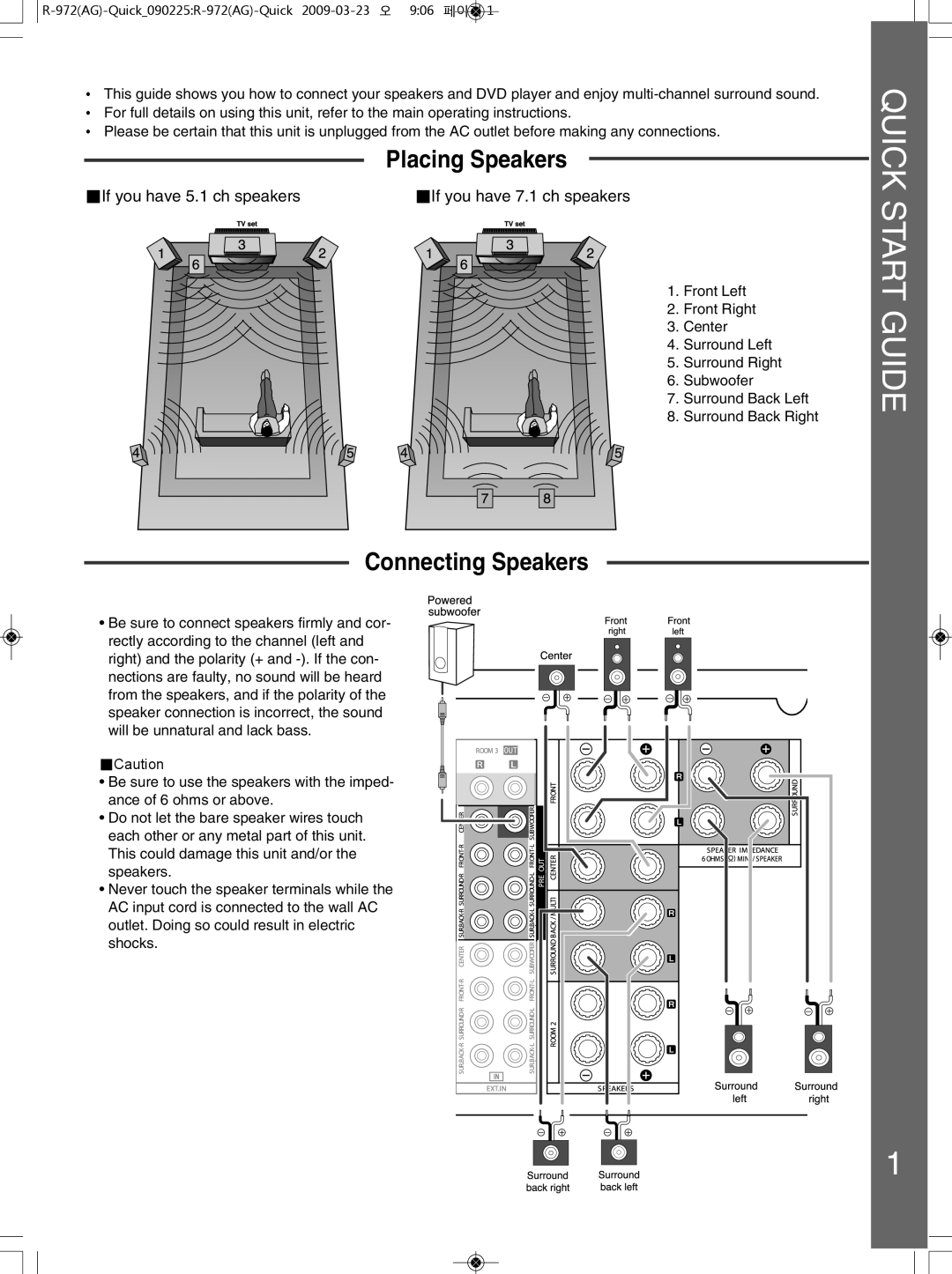 Sherwood R-972(AG), 5227-00000-056-0S quick start Placing Speakers, Connecting Speakers 