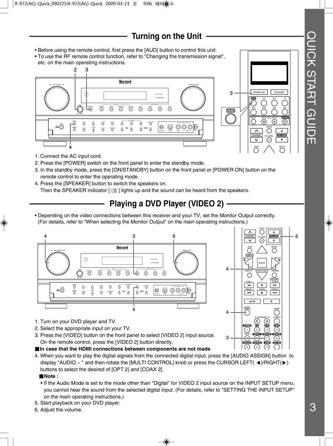 Sherwood R-972(AG), 5227-00000-056-0S quick start Turning on the Unit, Playing a DVD Player Video 