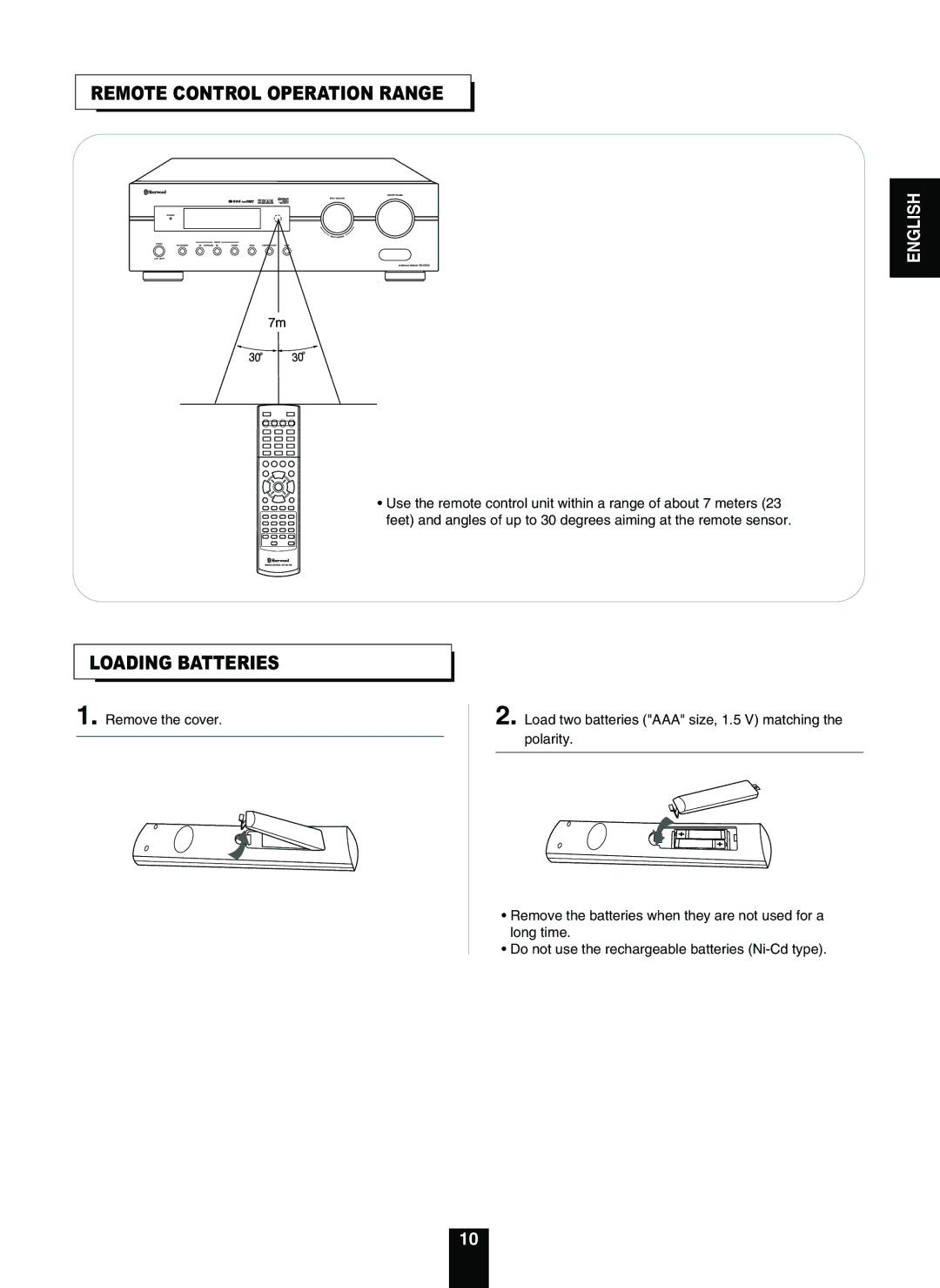 Sherwood RD-5503 operating instructions Remote Control Operation Range, Loading Batteries 