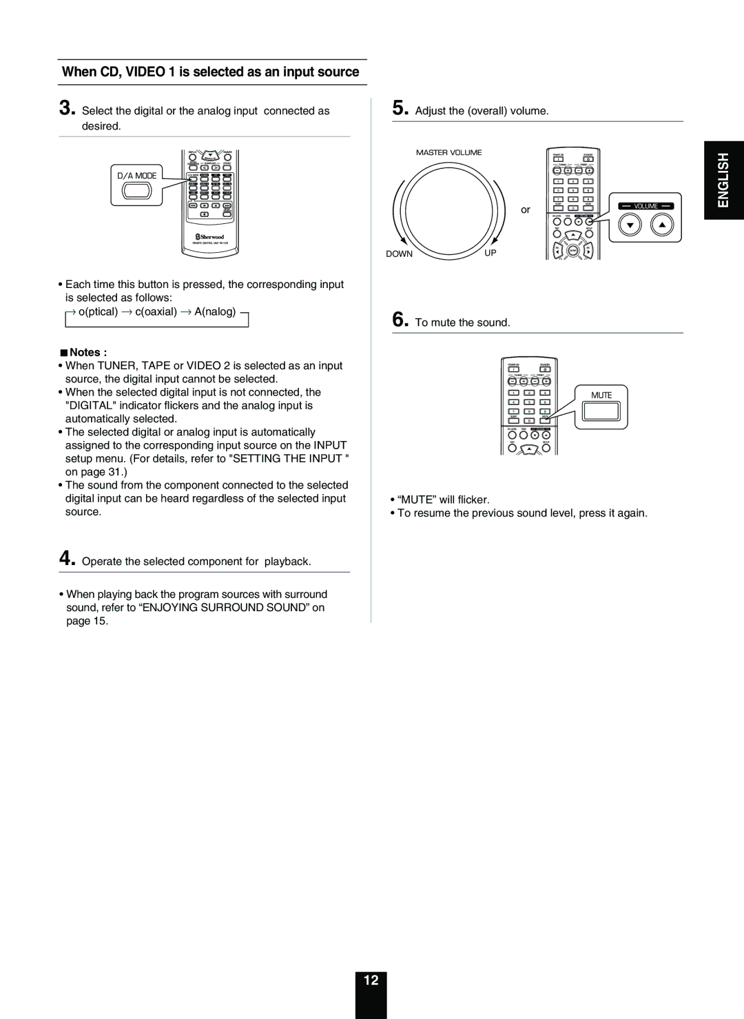 Sherwood RD-5503 operating instructions When CD, Video 1 is selected as an input source 