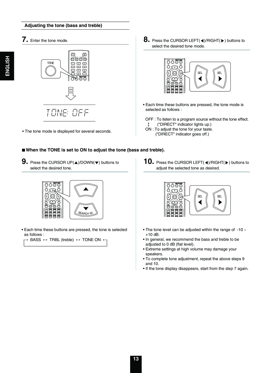 Sherwood RD-5503 operating instructions Adjusting the tone bass and treble, Bass, Tone on 