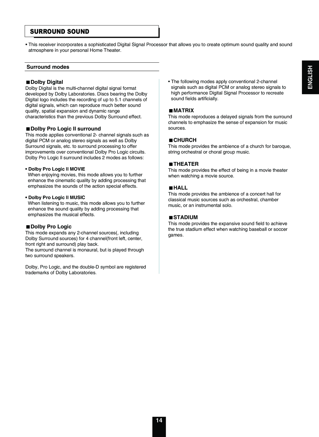 Sherwood RD-5503 operating instructions Surround Sound 