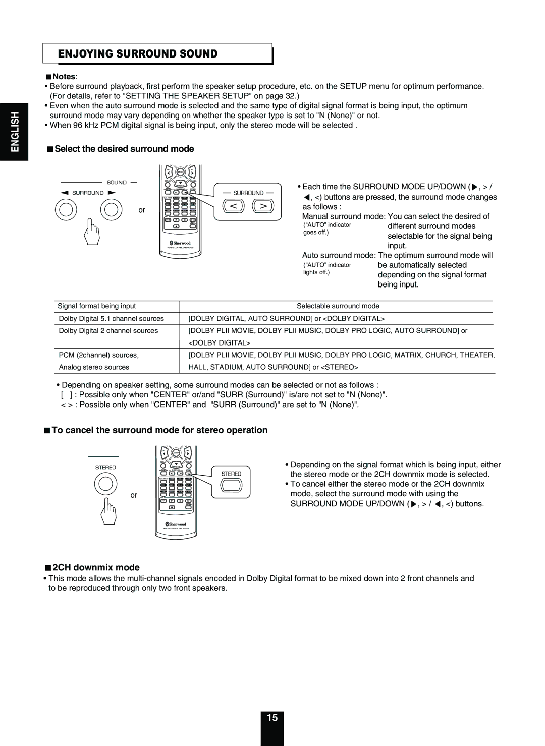 Sherwood RD-5503 operating instructions Enjoying Surround Sound, Select the desired surround mode, 2CH downmix mode 