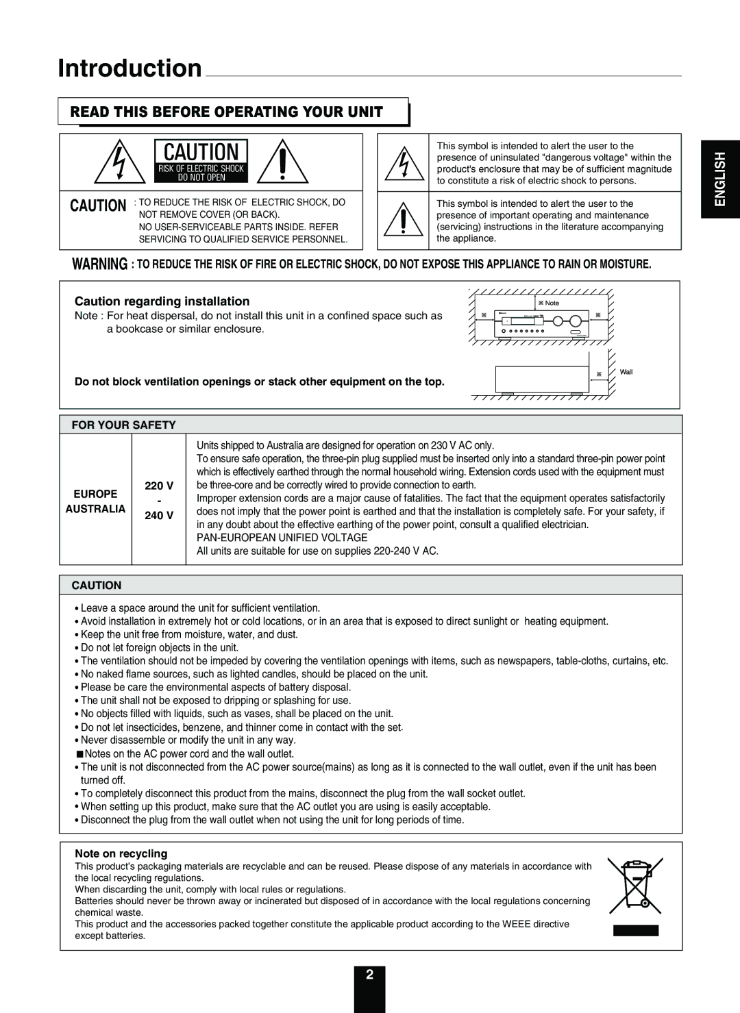 Sherwood RD-5503 operating instructions Read this Before Operating Your Unit, PAN-EUROPEAN Unified Voltage 