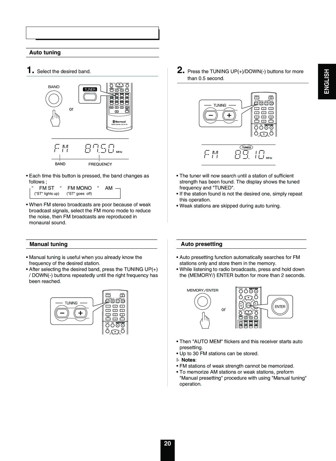 Sherwood RD-5503 operating instructions Auto tuning, Manual tuning, Auto presetting, FM ST FM Mono 