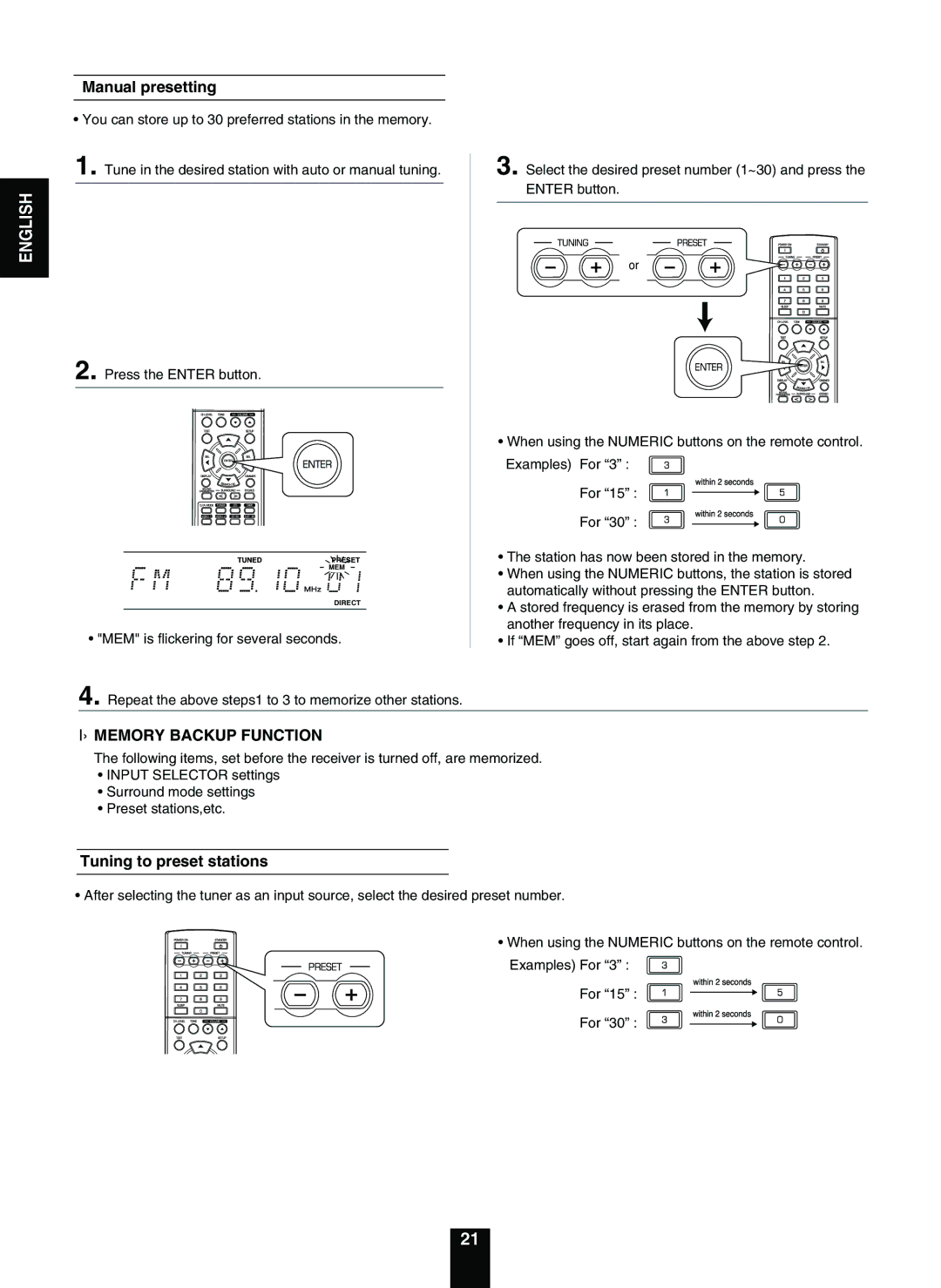 Sherwood RD-5503 operating instructions Manual presetting, Memory Backup Function, Tuning to preset stations 