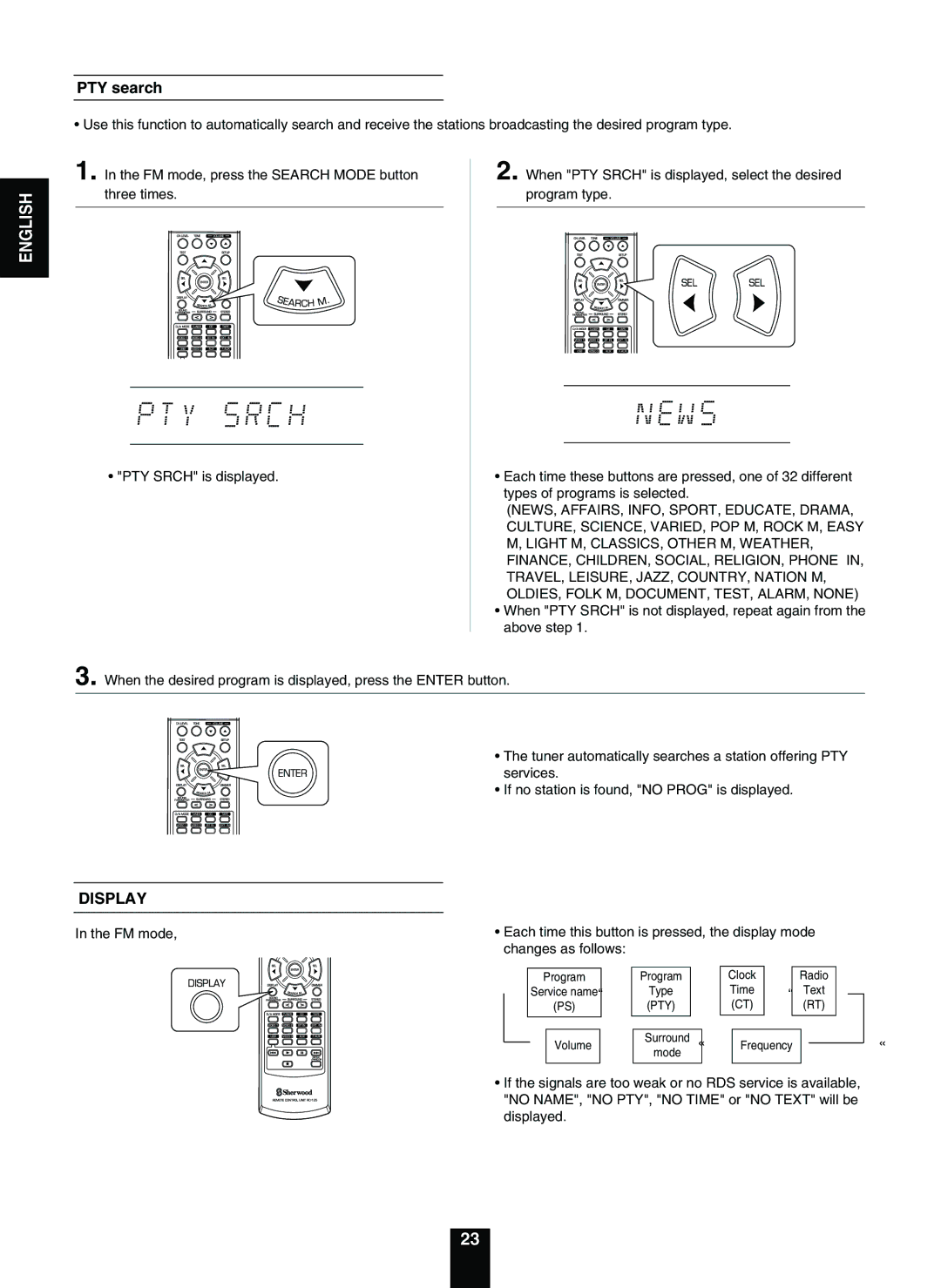 Sherwood RD-5503 operating instructions PTY search, Display 